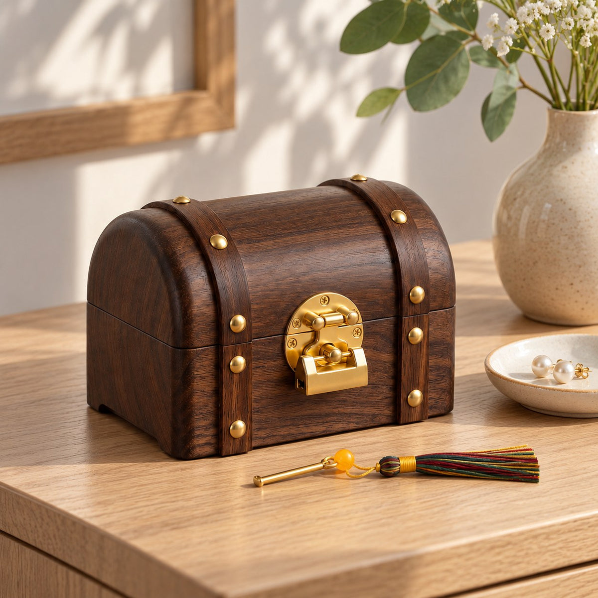 Thesaura Walnut Treasure Chest, Empty Box fitting, on a sideboard in natural light #Fitted For_Empty Box