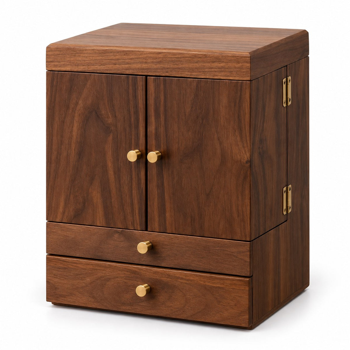 Venusta Walnut Vanity Cabinet, closed, studio view on white