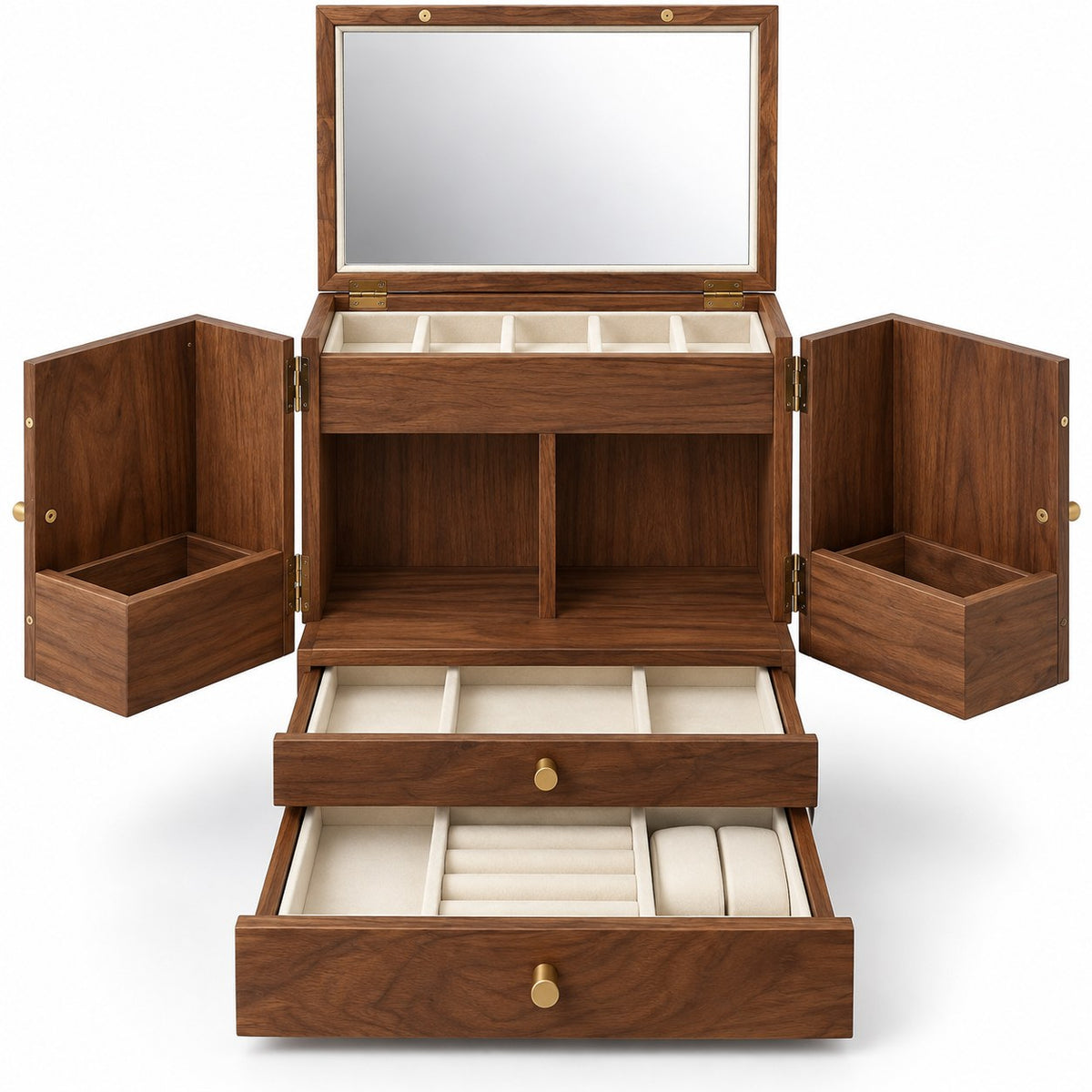 Venusta Walnut Vanity Cabinet, open with empty compartments, studio view on white