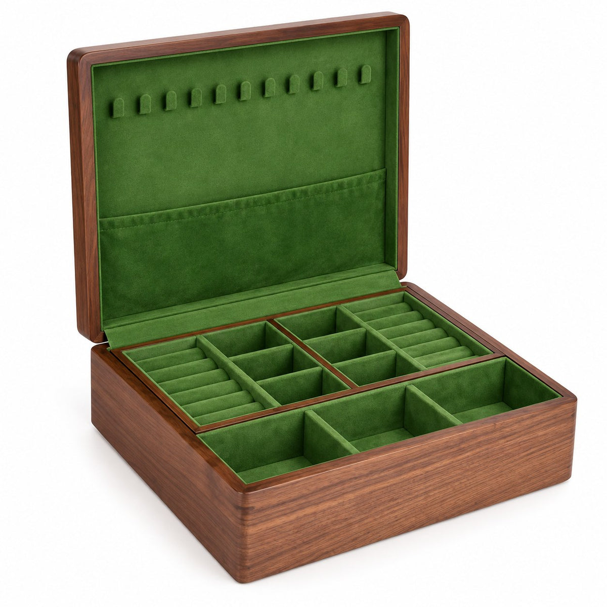 Viridia Two-Tier Jewellery Box in Large, open with empty compartments, studio view on white #Size_Large