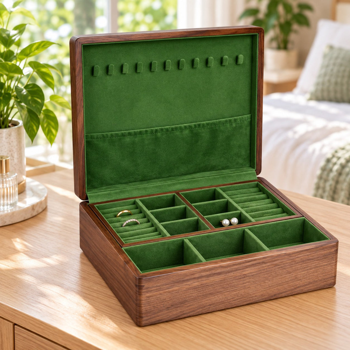 Viridia Two-Tier Jewellery Box in Large, on a dressing table #Size_Large