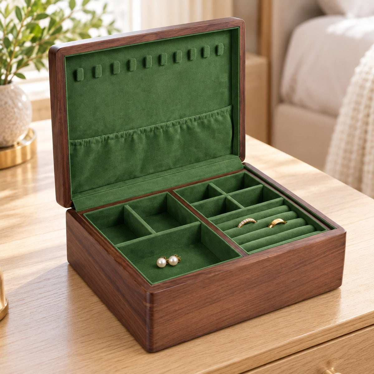 Viridia Two-Tier Jewellery Box in Small, on a dressing table #Size_Small