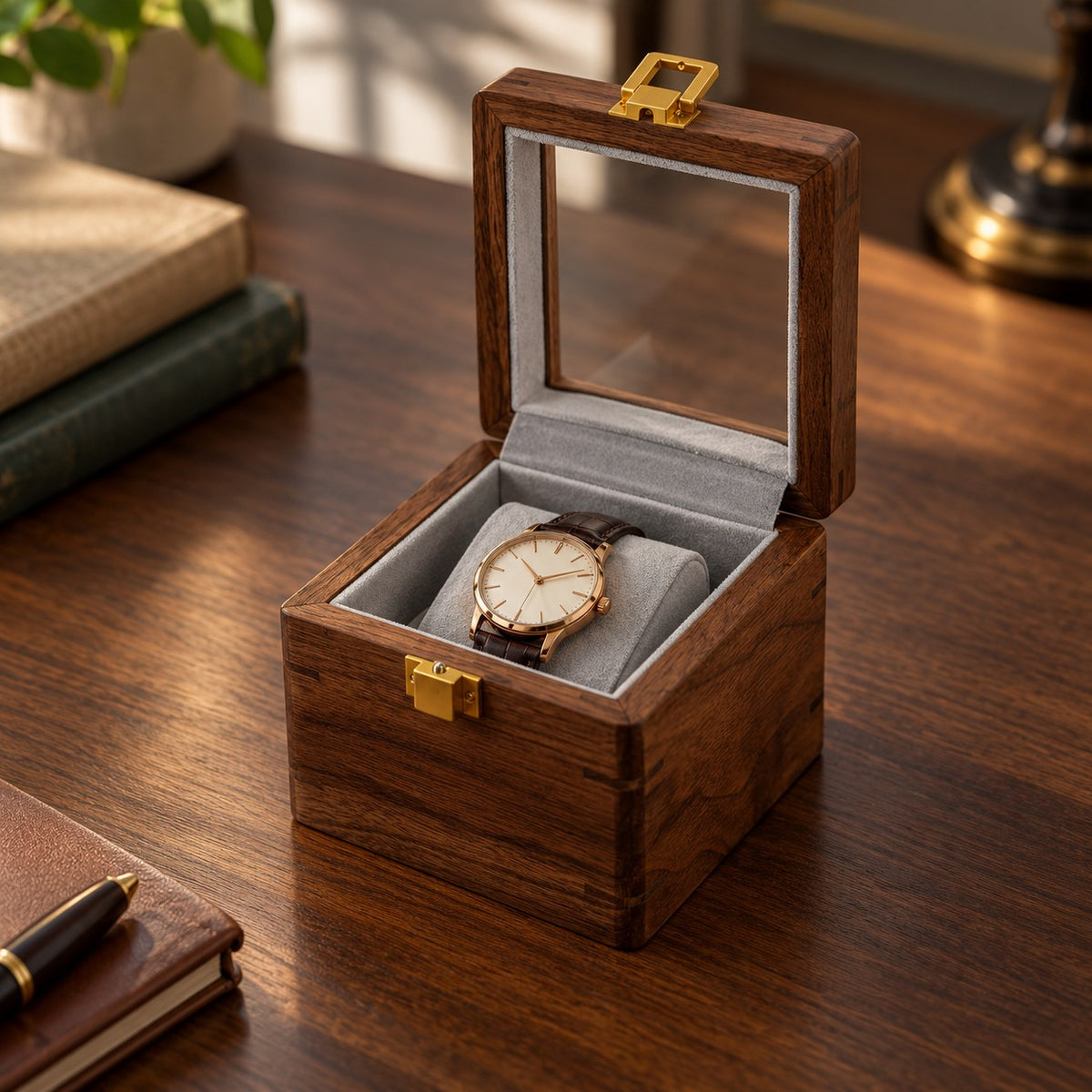 Alnair Glass-Top Watch Box in 1 Slot, on a desk #Style_1 Slot