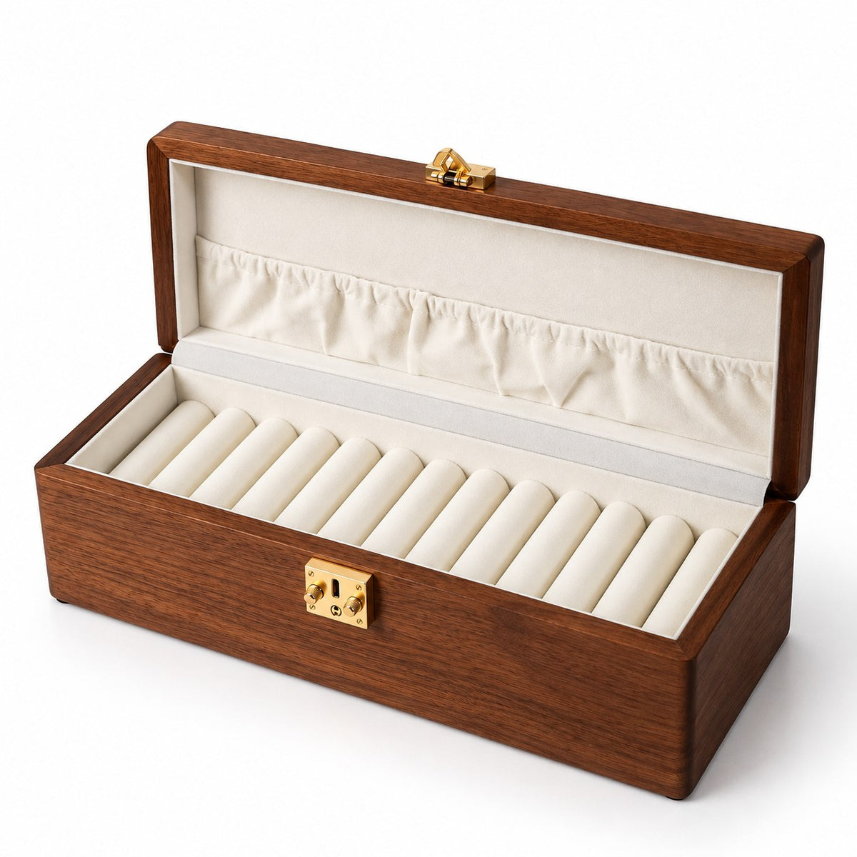Anella Walnut Bangle Box in Solid Wood / 12-Compartment, open with empty compartments, studio view on white #Lid Style_Solid Wood|Compartment_12-Compartment