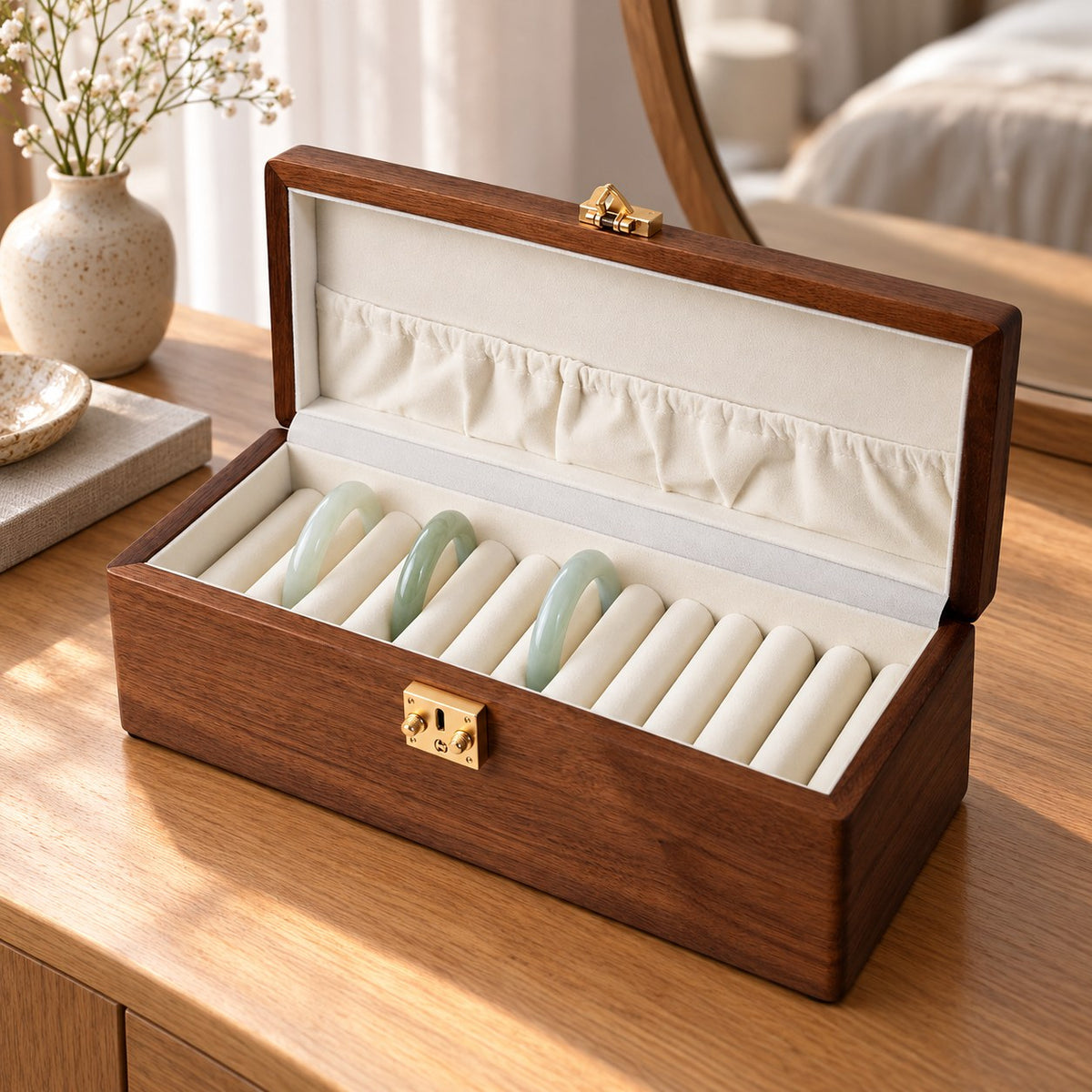 Anella Walnut Bangle Box in Solid Wood / 12-Compartment, on a dressing table #Lid Style_Solid Wood|Compartment_12-Compartment