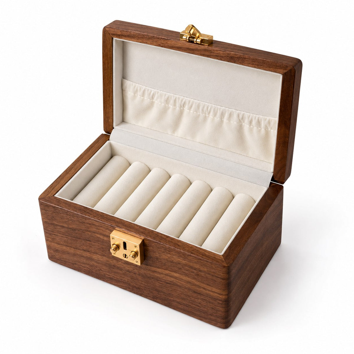 Anella Walnut Bangle Box in Solid Wood / 7-Compartment, open with empty compartments, studio view on white #Lid Style_Solid Wood|Compartment_7-Compartment