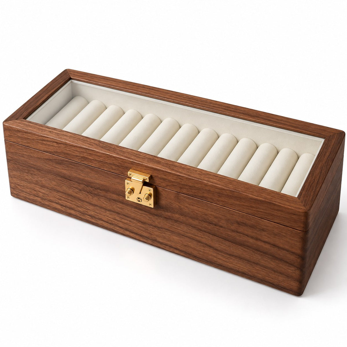 Anella Walnut Bangle Box in Transparent Glass / 12-Compartment, closed, studio view on white #Lid Style_Transparent Glass|Compartment_12-Compartment