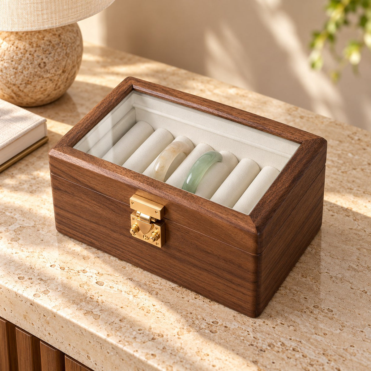 Anella Walnut Bangle Box in Transparent Glass / 7-Compartment, on a sideboard in natural light #Lid Style_Transparent Glass|Compartment_7-Compartment