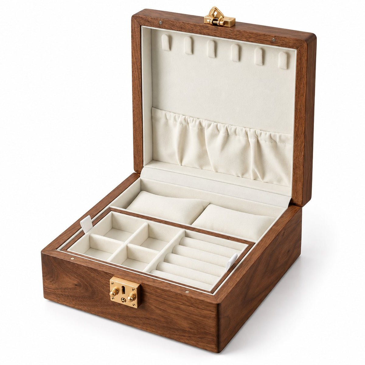 Ara Square Jewellery Box in Milky White, open with empty compartments, studio view on white #Lining Colour_Milky White