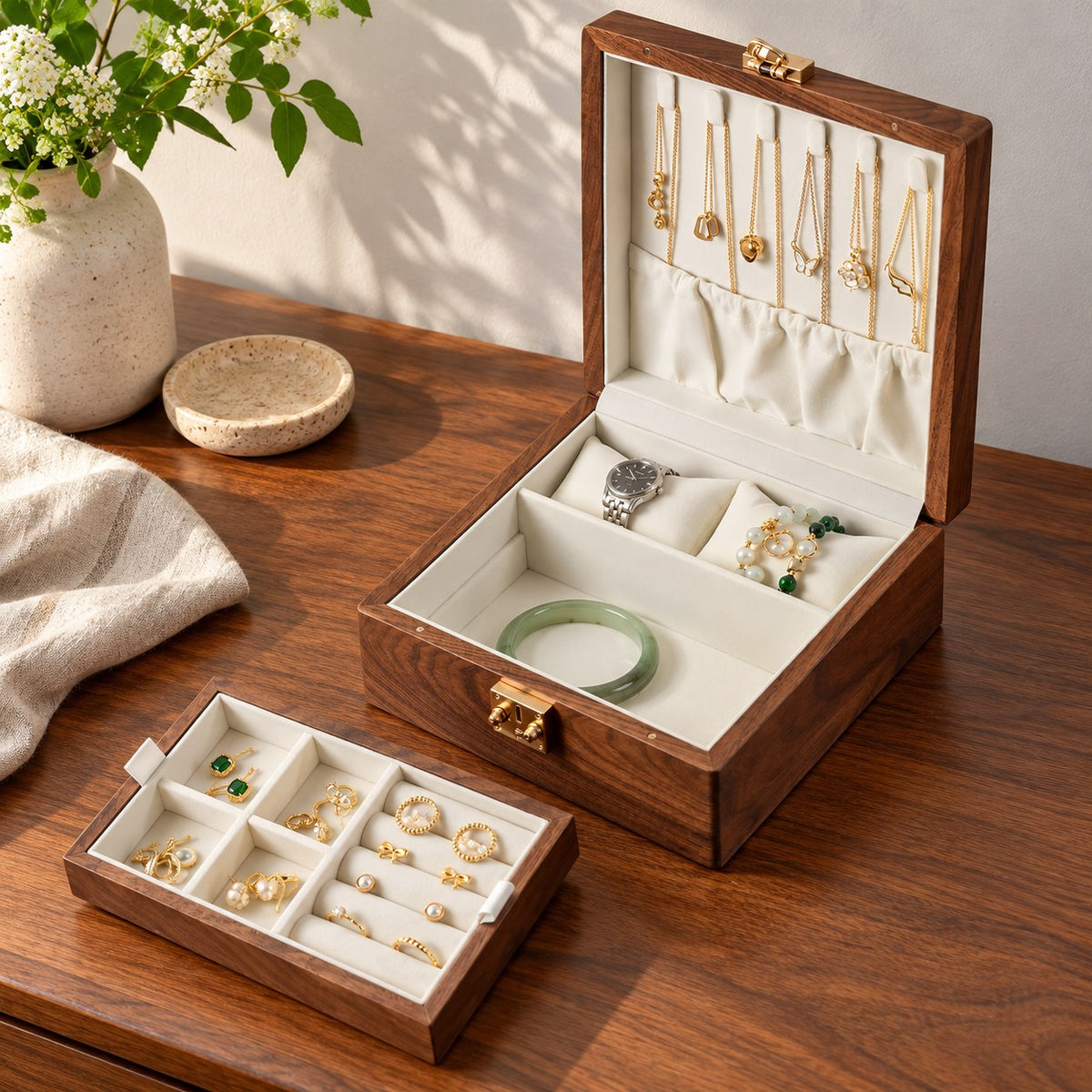Ara Square Jewellery Box in Milky White, on a sideboard in natural light #Lining Colour_Milky White