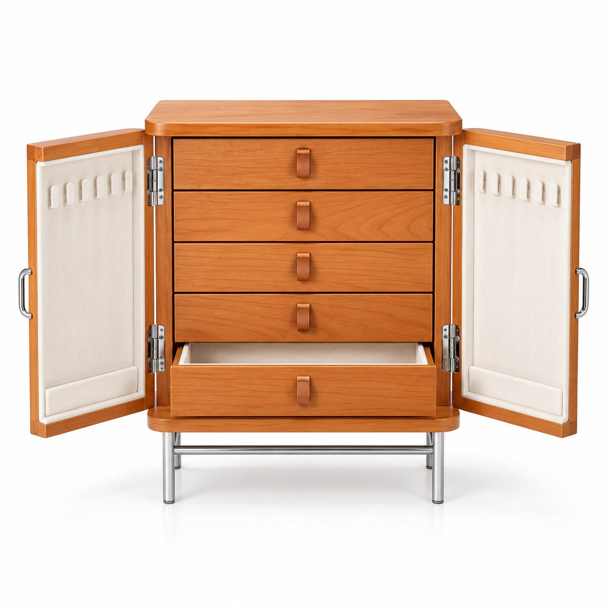 Arcana Wooden Jewellery Cabinet in Cherry, open with empty compartments, studio view on white #Wood_Cherry