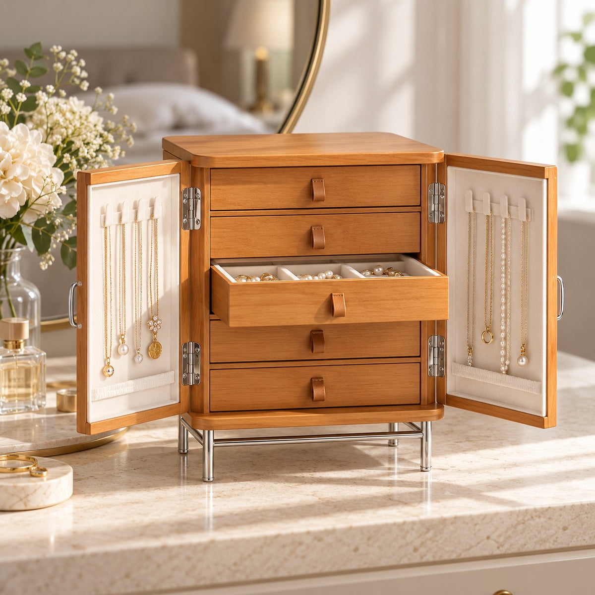 Arcana Wooden Jewellery Cabinet in Cherry, on a dressing table #Wood_Cherry