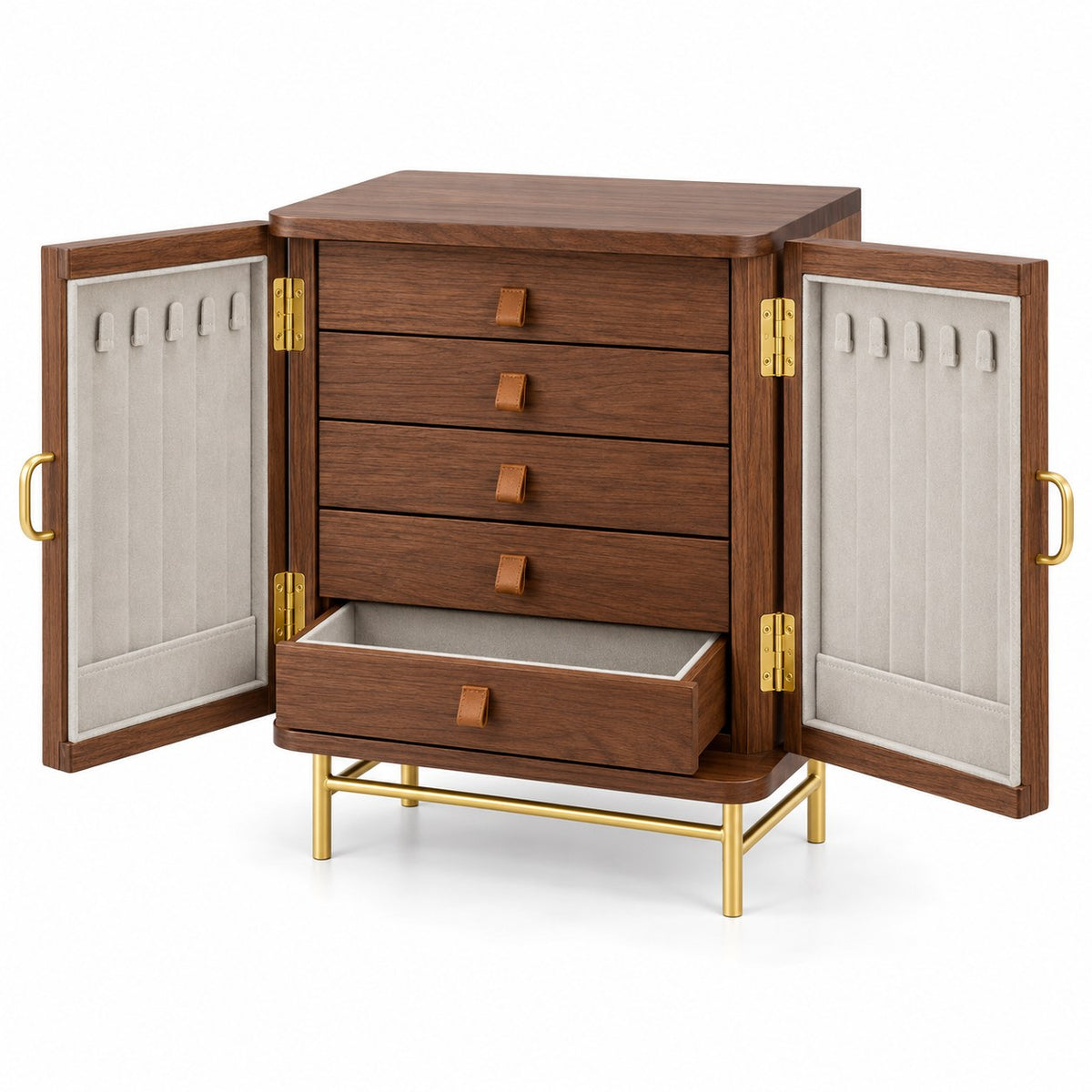 Arcana Wooden Jewellery Cabinet in Walnut, open with empty compartments, studio view on white #Wood_Walnut