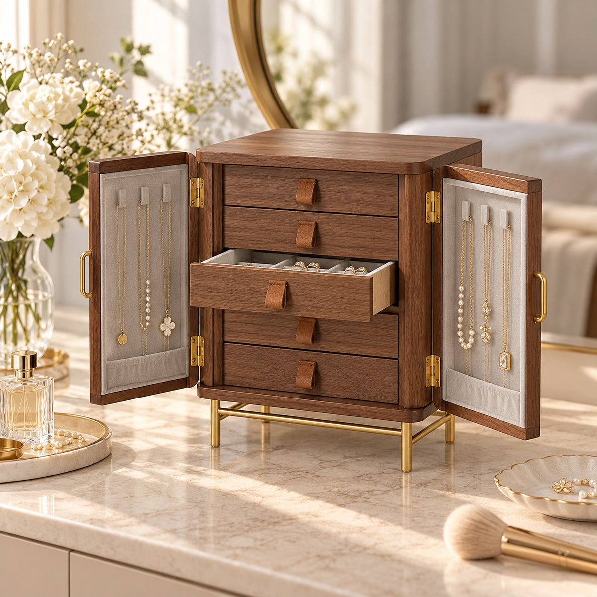 Arcana Wooden Jewellery Cabinet in Walnut, on a dressing table #Wood_Walnut