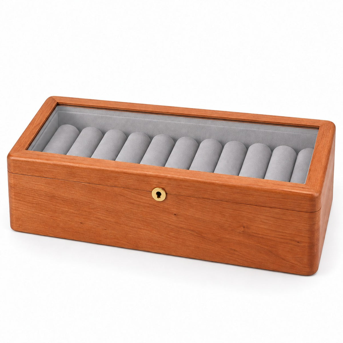 Armilla Glass Bangle Box in Cherry / Glass Lid / 10 Slots, closed, studio view on white #Wood_Cherry|Style_Glass Lid|Size_10 Slots