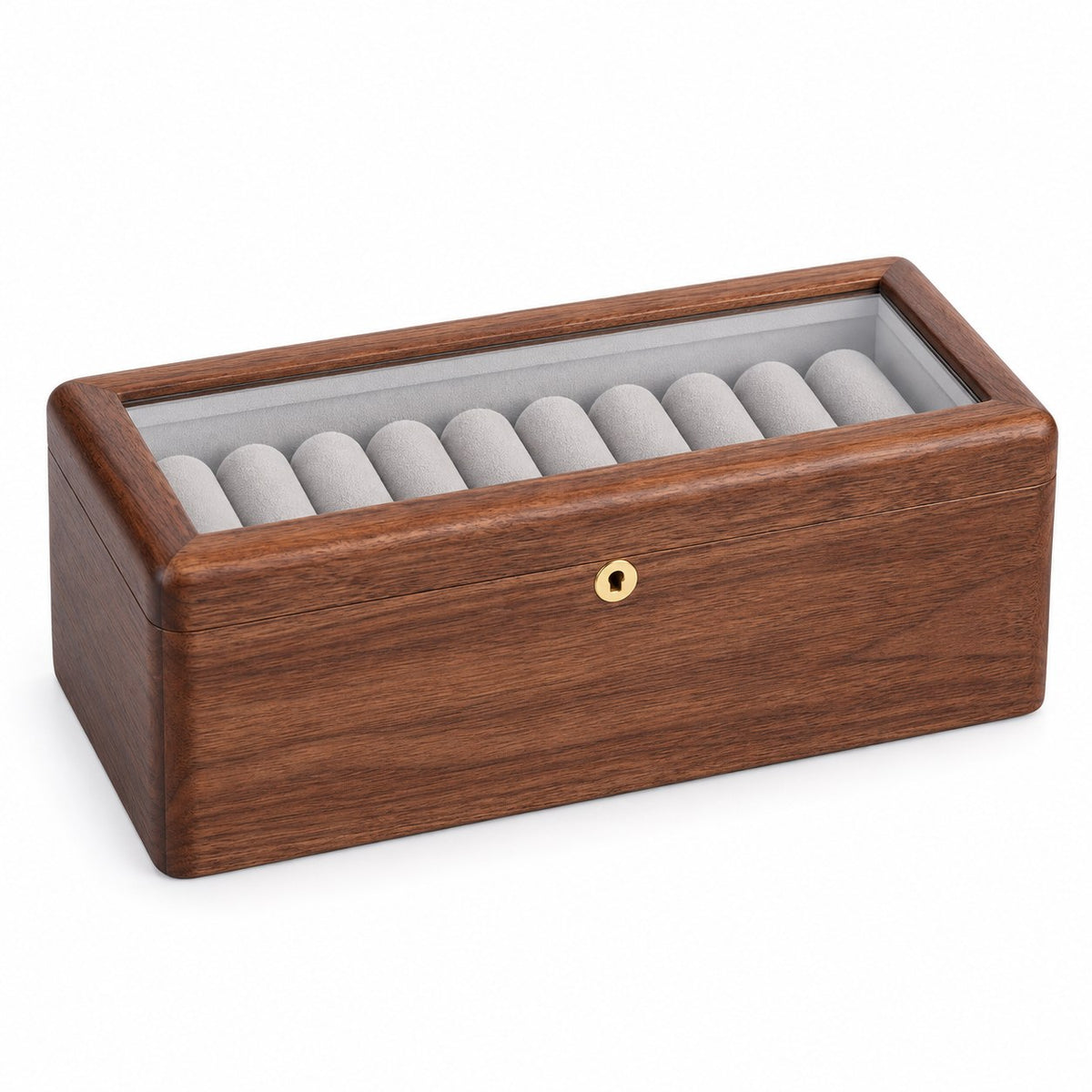 Armilla Glass Bangle Box in Walnut / Glass Lid / 10 Slots, closed, studio view on white #Wood_Walnut|Style_Glass Lid|Size_10 Slots