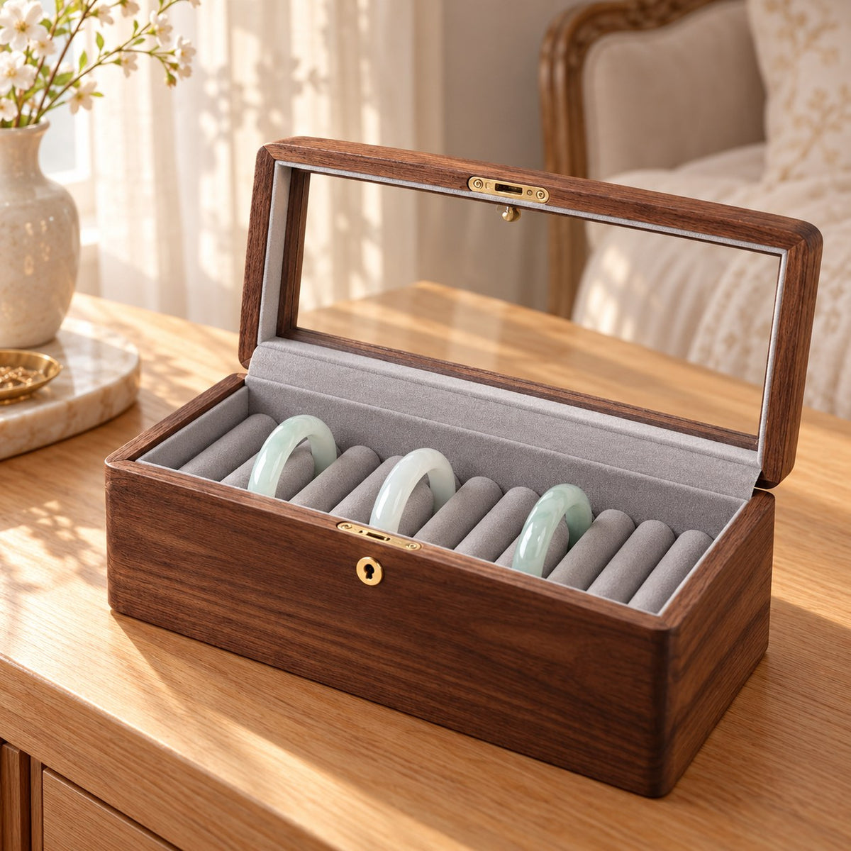 Armilla Glass Bangle Box in Walnut / Glass Lid / 10 Slots, on a dressing table #Wood_Walnut|Style_Glass Lid|Size_10 Slots