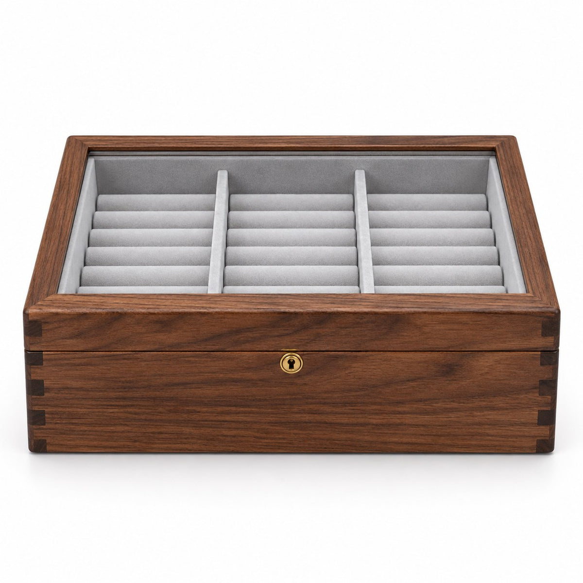 Armilla Glass Bangle Box in Walnut / Glass Lid / 18 Slots, closed, studio view on white #Wood_Walnut|Style_Glass Lid|Size_18 Slots