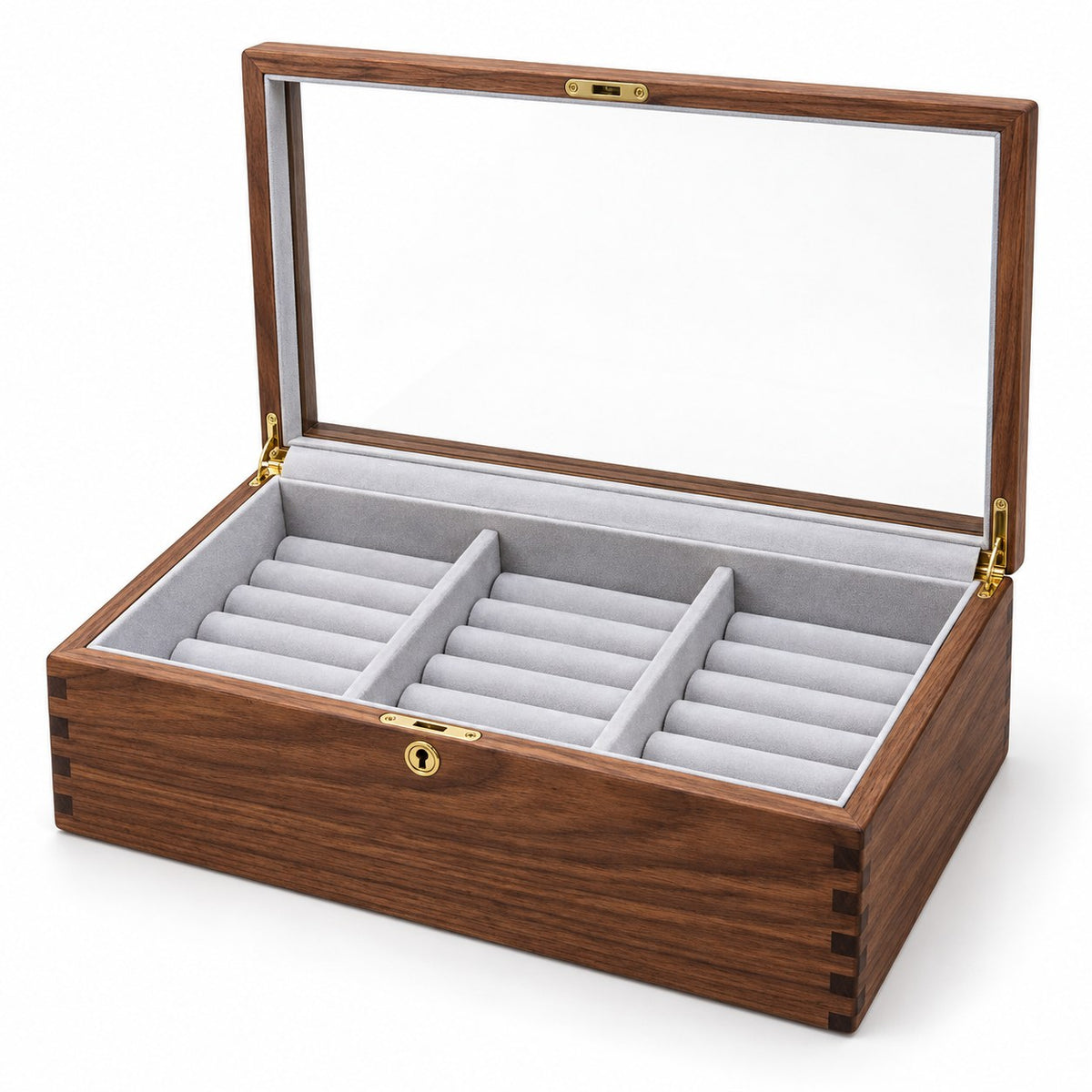 Armilla Glass Bangle Box in Walnut / Glass Lid / 18 Slots, open with empty compartments, studio view on white #Wood_Walnut|Style_Glass Lid|Size_18 Slots
