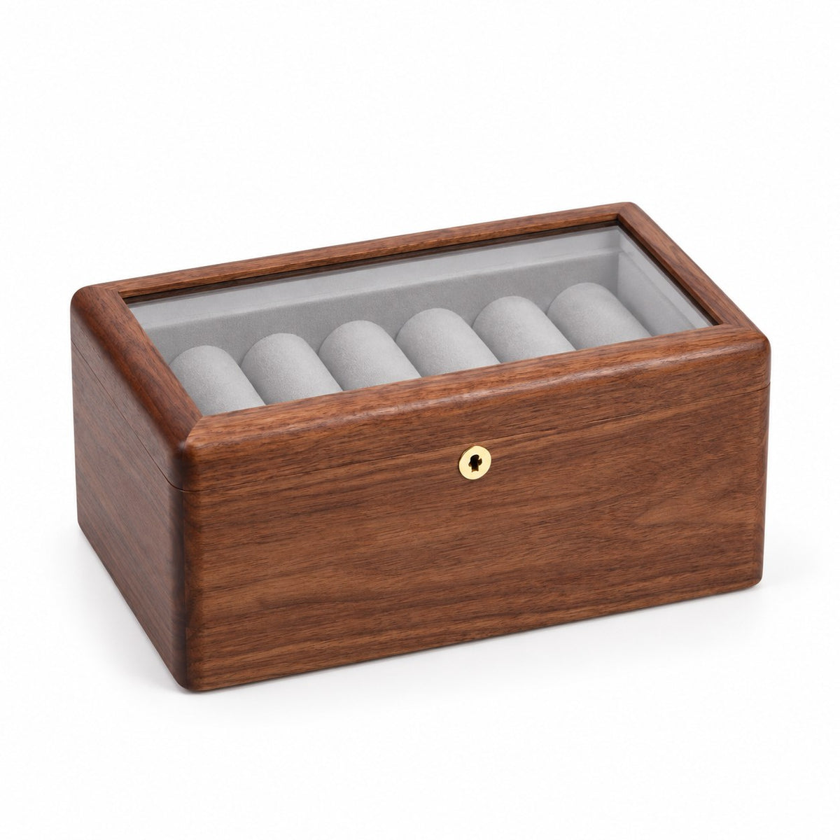 Armilla Glass Bangle Box in Walnut / Glass Lid / 6 Slots, closed, studio view on white #Wood_Walnut|Style_Glass Lid|Size_6 Slots