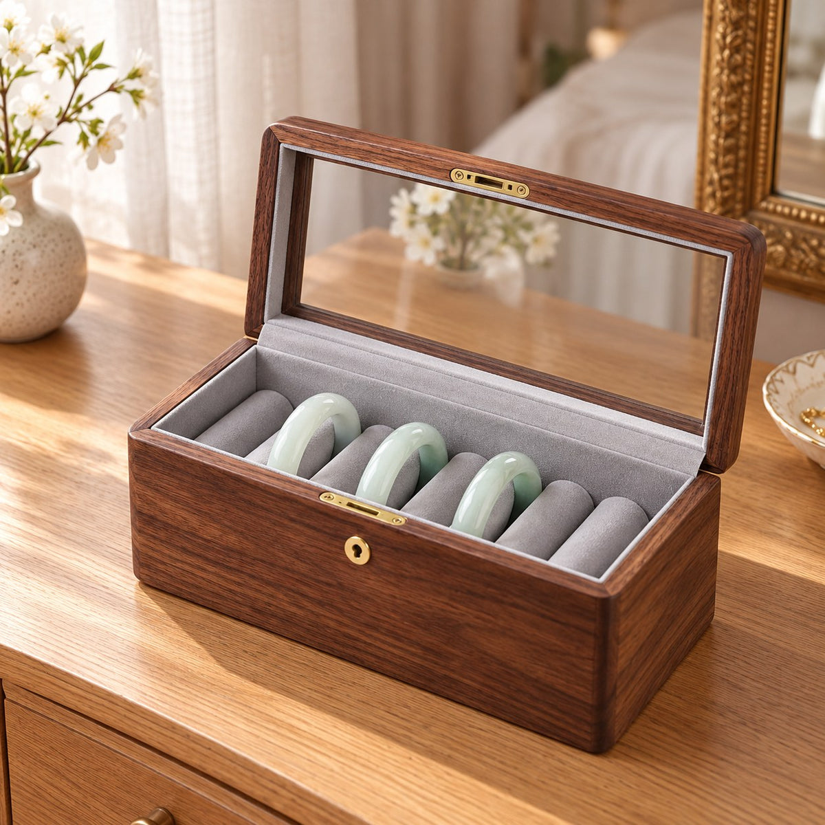 Armilla Glass Bangle Box in Walnut / Glass Lid / 6 Slots, on a dressing table #Wood_Walnut|Style_Glass Lid|Size_6 Slots