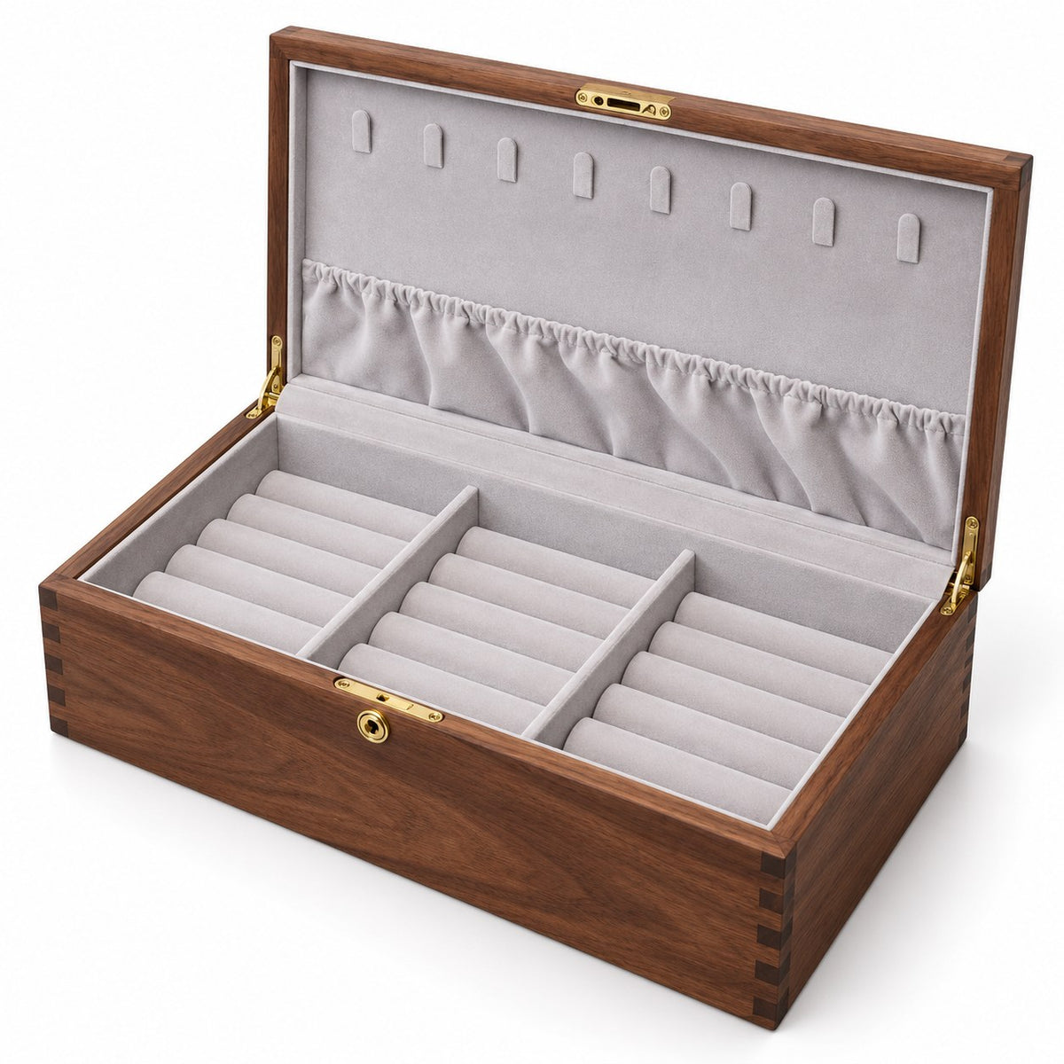 Armilla Glass Bangle Box in Walnut / Solid Wood Lid / 18 Slots, open with empty compartments, studio view on white #Wood_Walnut|Style_Solid Wood Lid|Size_18 Slots