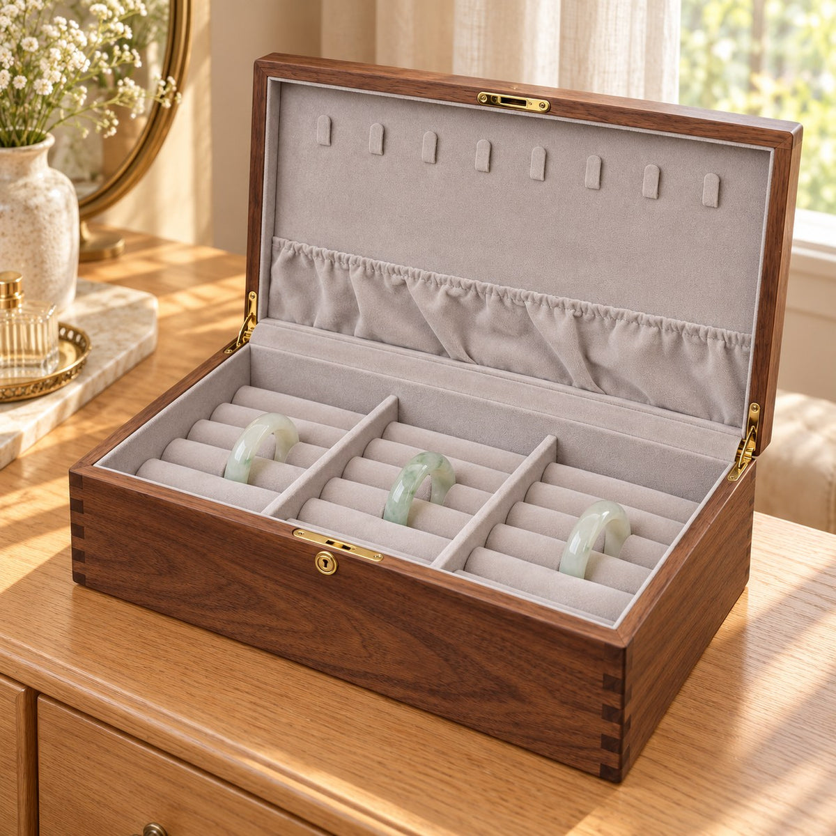 Armilla Glass Bangle Box in Walnut / Solid Wood Lid / 18 Slots, on a dressing table #Wood_Walnut|Style_Solid Wood Lid|Size_18 Slots
