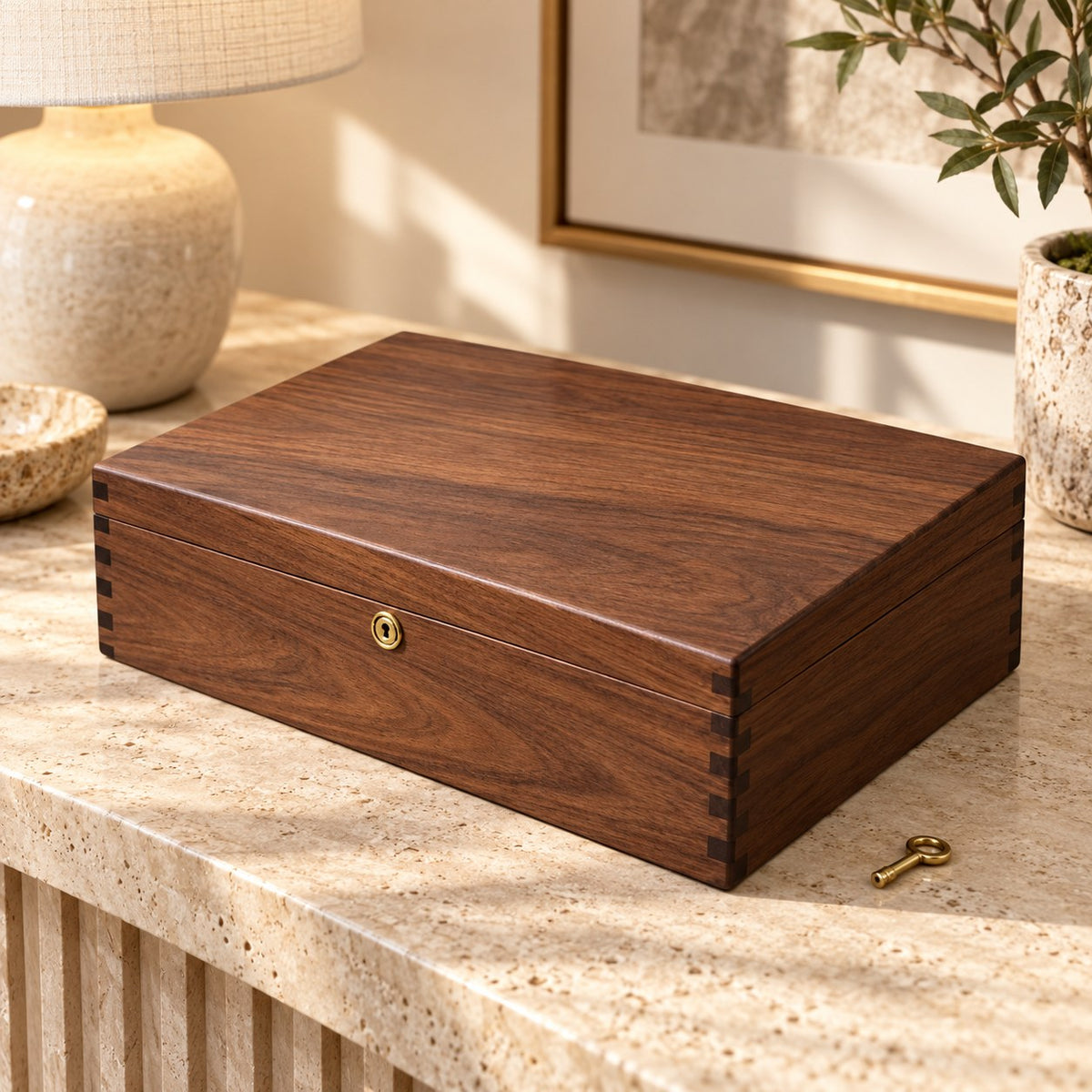 Armilla Glass Bangle Box in Walnut / Solid Wood Lid / 18 Slots, on a sideboard in natural light #Wood_Walnut|Style_Solid Wood Lid|Size_18 Slots