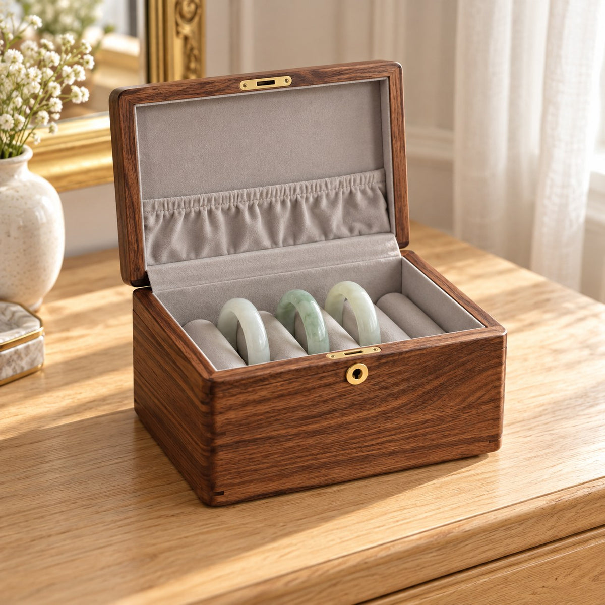 Armilla Glass Bangle Box in Walnut / Solid Wood Lid / 6 Slots, on a dressing table #Wood_Walnut|Style_Solid Wood Lid|Size_6 Slots