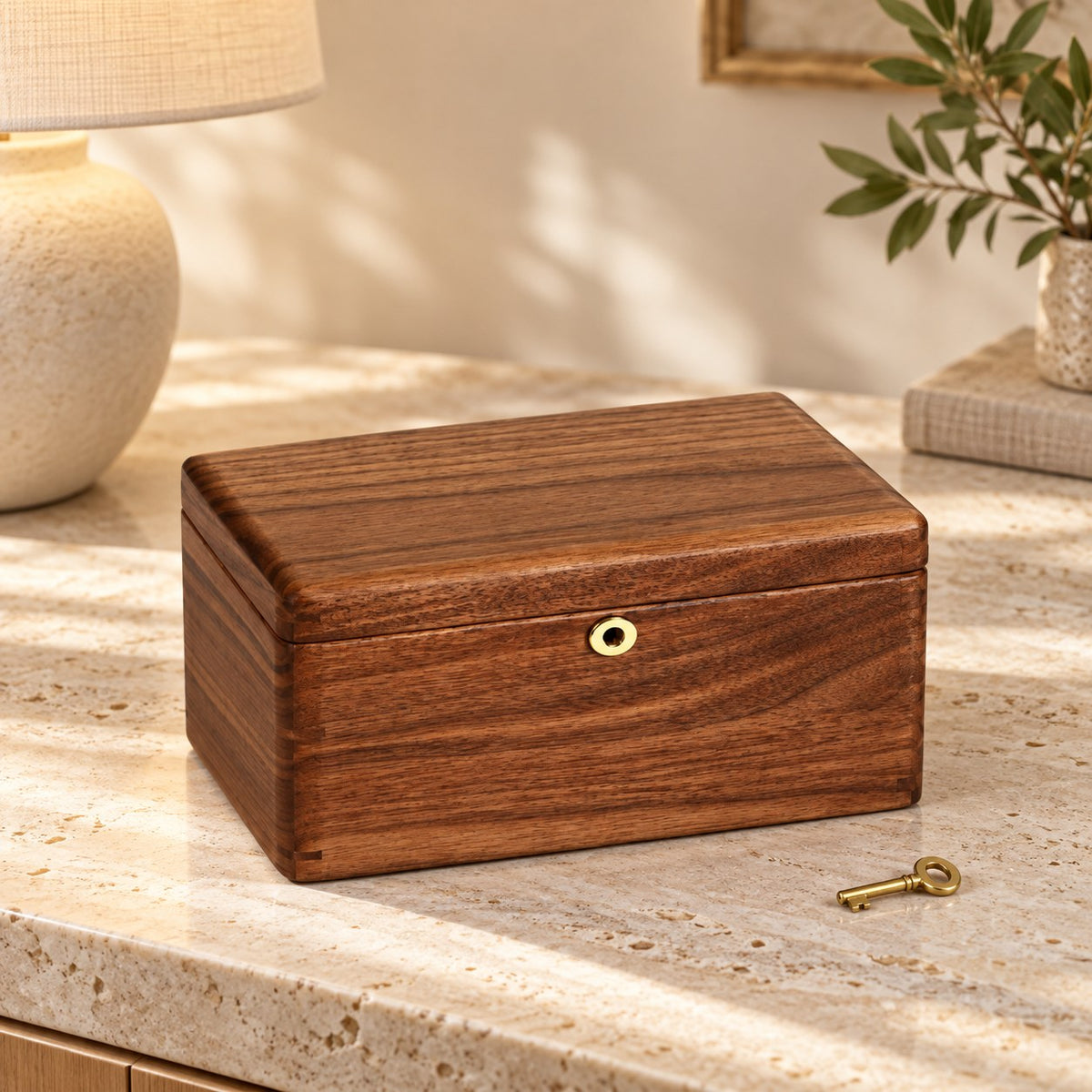 Armilla Glass Bangle Box in Walnut / Solid Wood Lid / 6 Slots, on a sideboard in natural light #Wood_Walnut|Style_Solid Wood Lid|Size_6 Slots