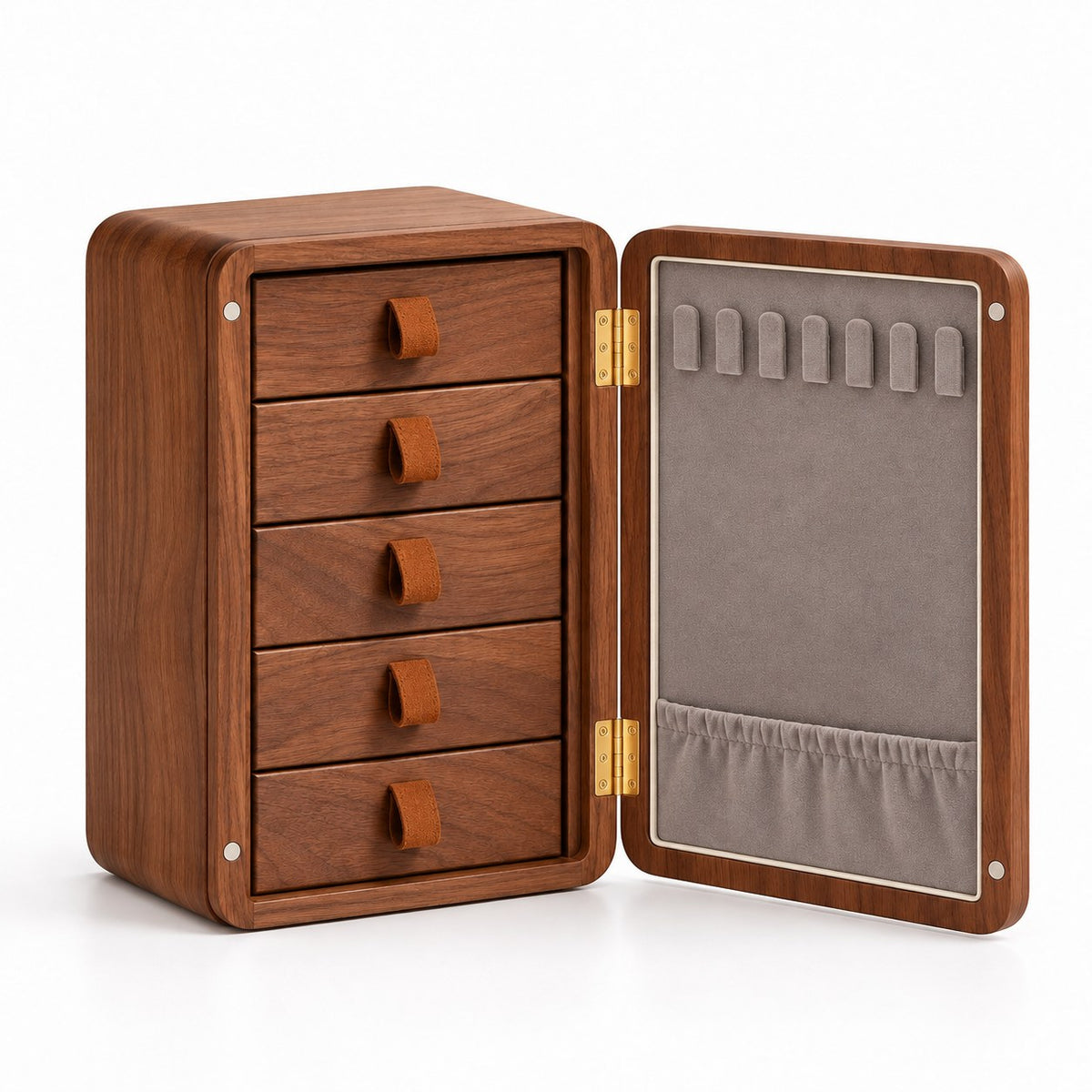 Aulica Wooden Jewellery Cabinet in 5 Drawers / Walnut, open with empty compartments, studio view on white #Size_5 Drawers|Wood_Walnut