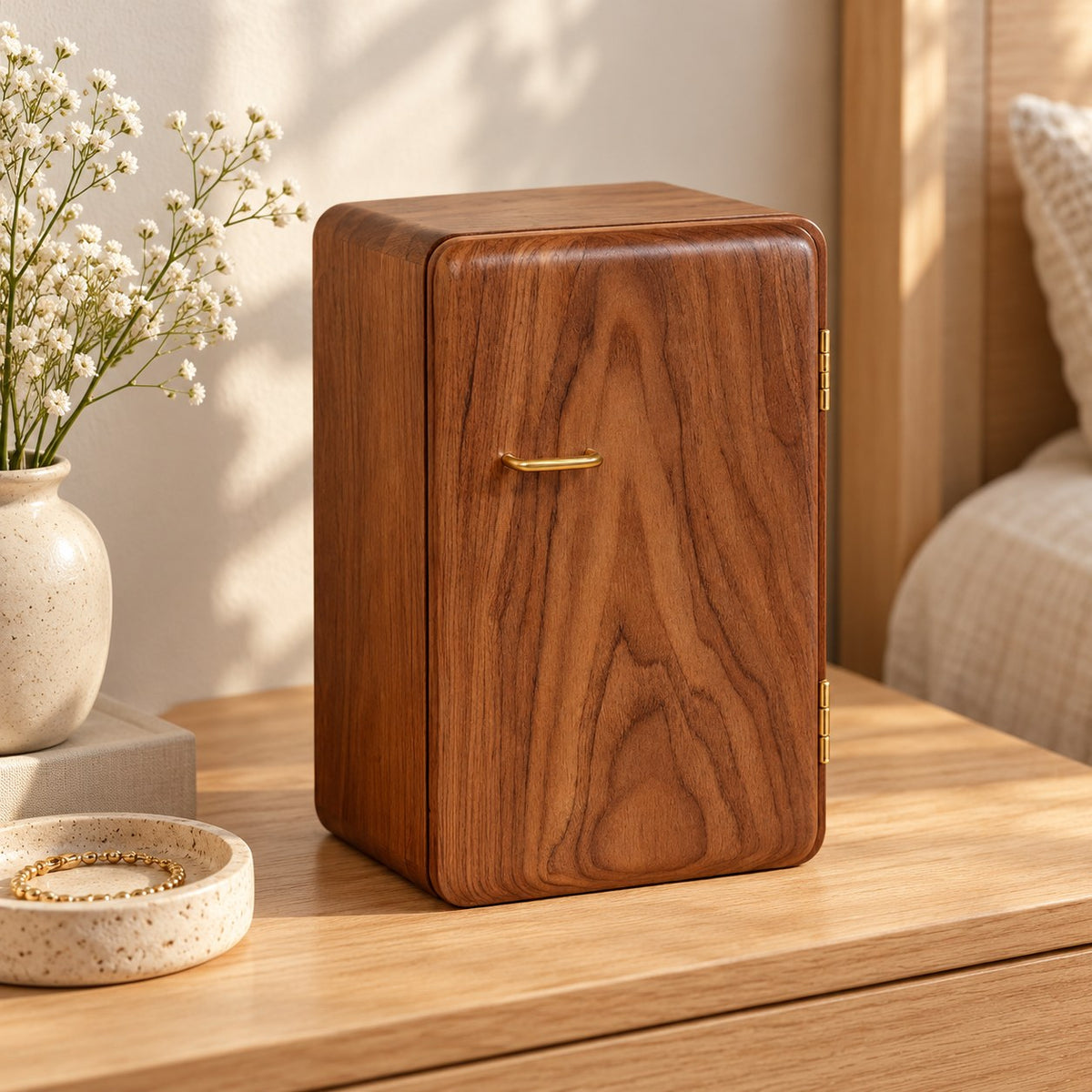 Aulica Wooden Jewellery Cabinet in 5 Drawers / Walnut, on a sideboard in natural light #Size_5 Drawers|Wood_Walnut