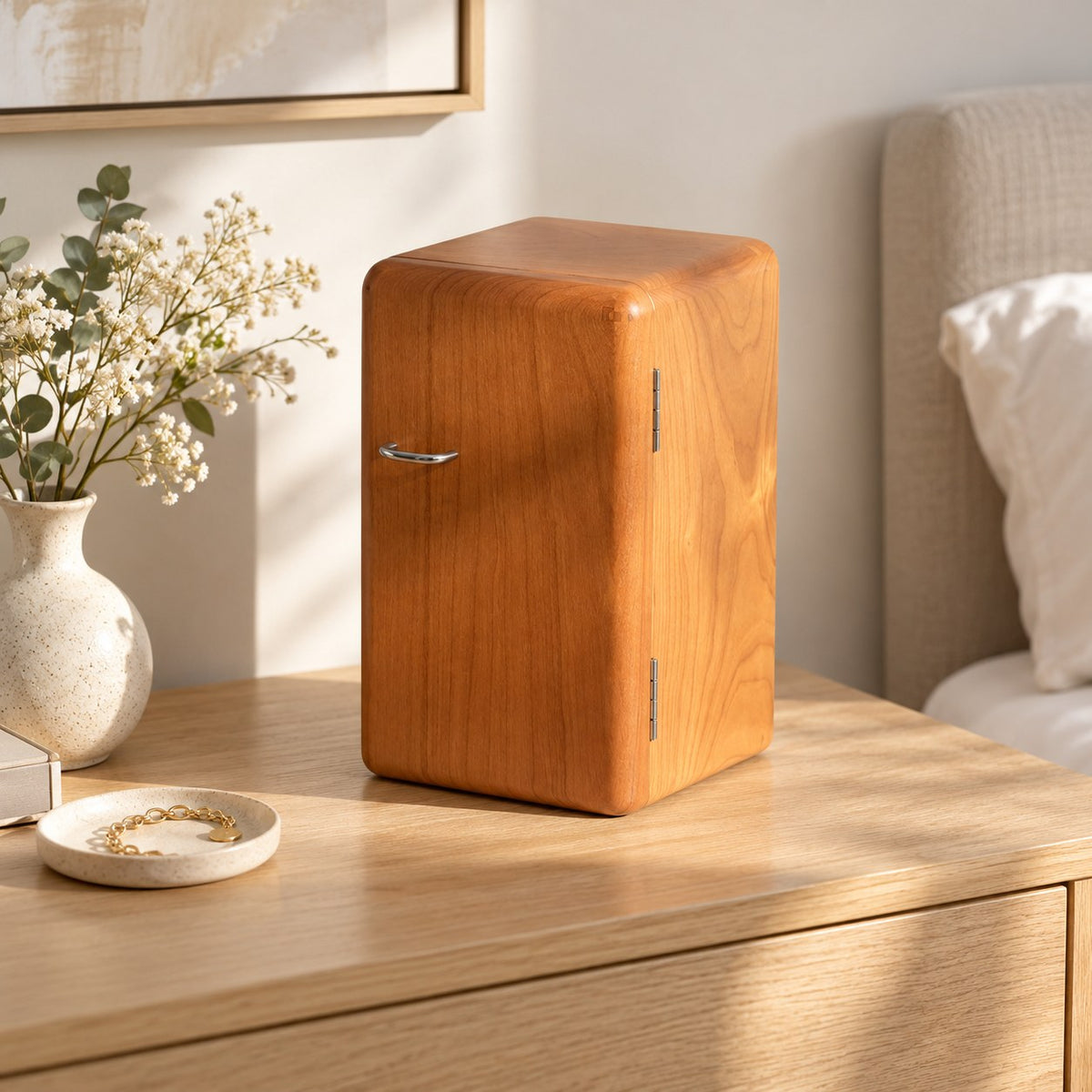 Aulica Wooden Jewellery Cabinet in 6 Drawers / Cherry, on a sideboard in natural light #Size_6 Drawers|Wood_Cherry