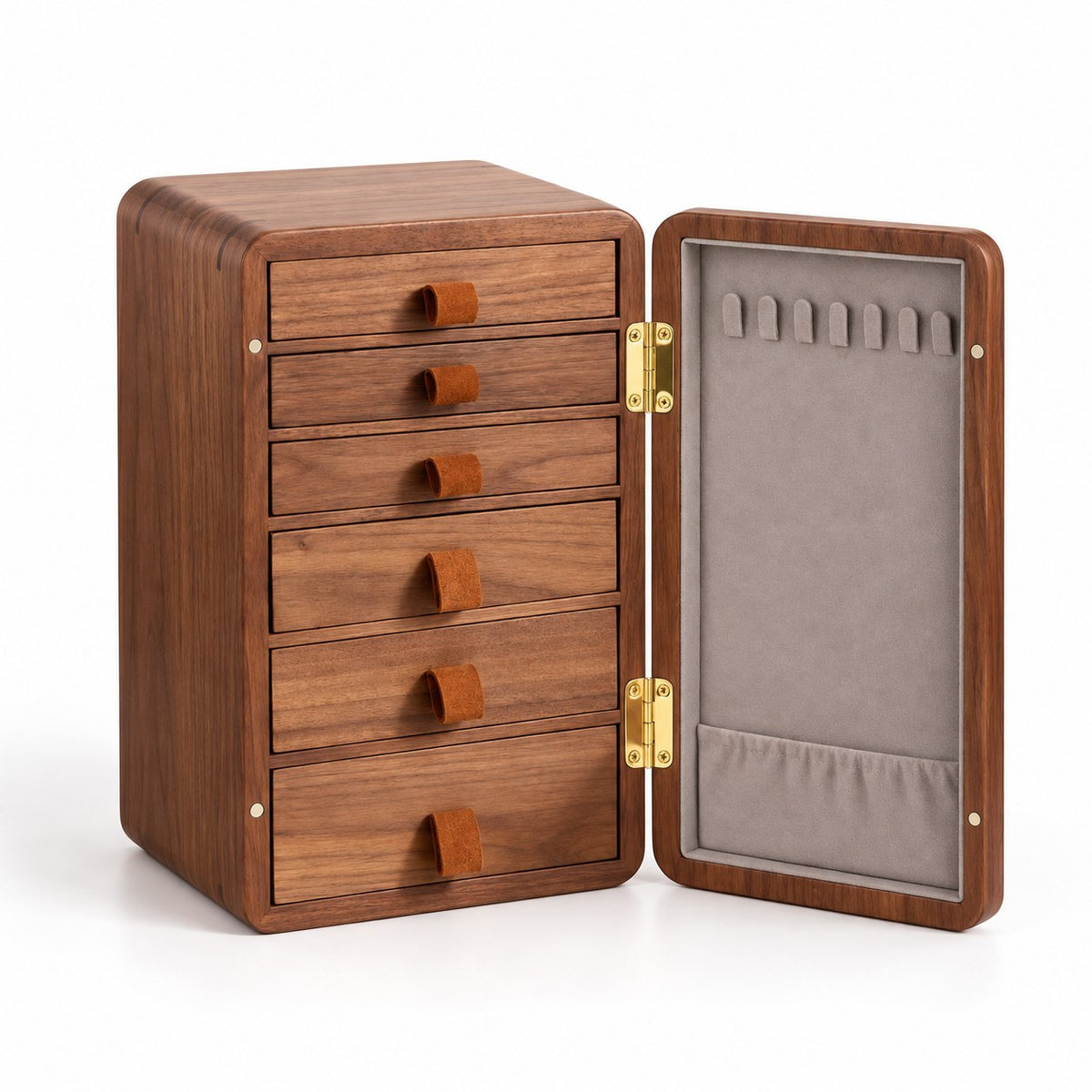 Aulica Wooden Jewellery Cabinet in 6 Drawers / Walnut, open with empty compartments, studio view on white #Size_6 Drawers|Wood_Walnut