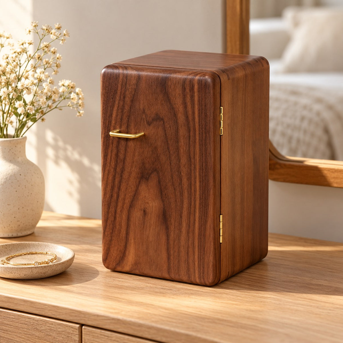 Aulica Wooden Jewellery Cabinet in 6 Drawers / Walnut, on a sideboard in natural light #Size_6 Drawers|Wood_Walnut