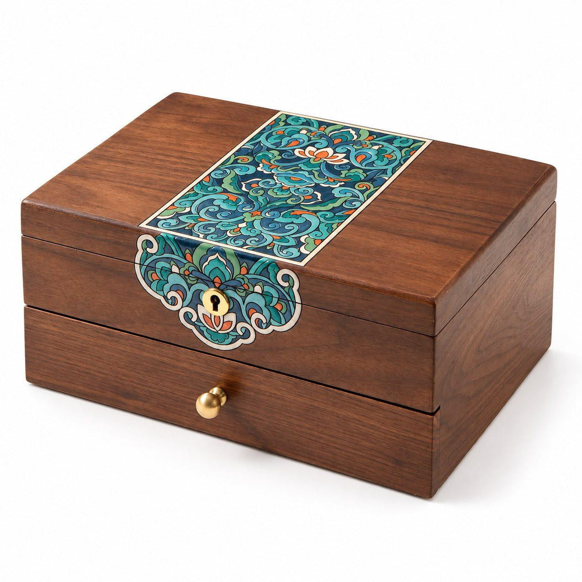 Caela Wooden Jewellery Box in Black Walnut, closed, studio view on white #Wood_Black Walnut
