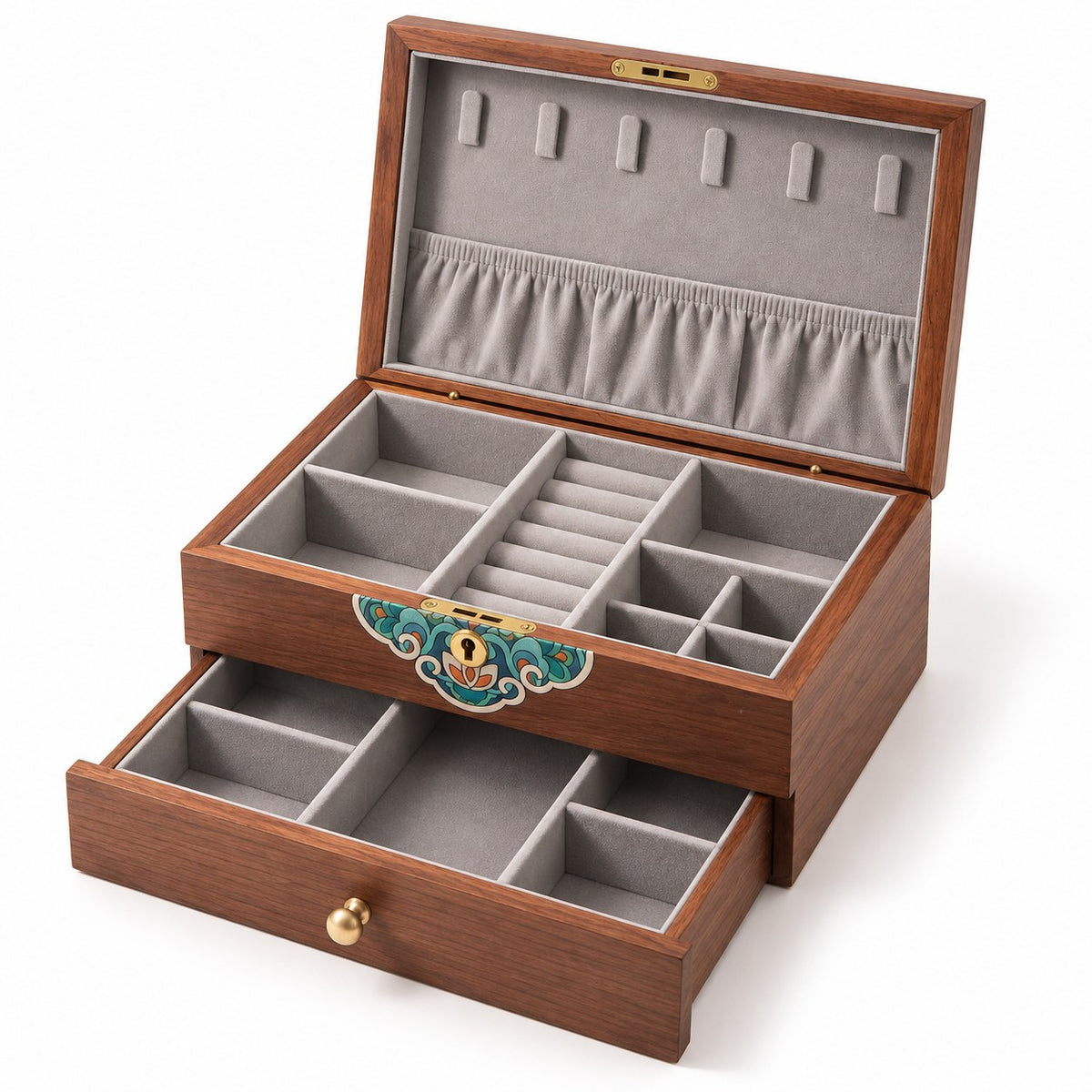 Caela Wooden Jewellery Box in Black Walnut, open with empty compartments, studio view on white #Wood_Black Walnut
