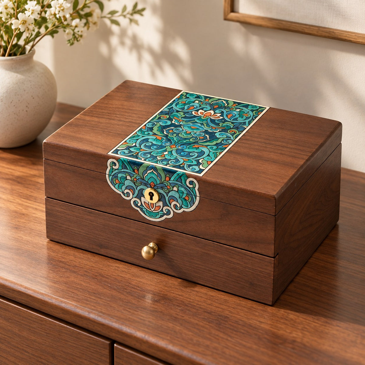 Caela Wooden Jewellery Box in Black Walnut, on a sideboard in natural light #Wood_Black Walnut