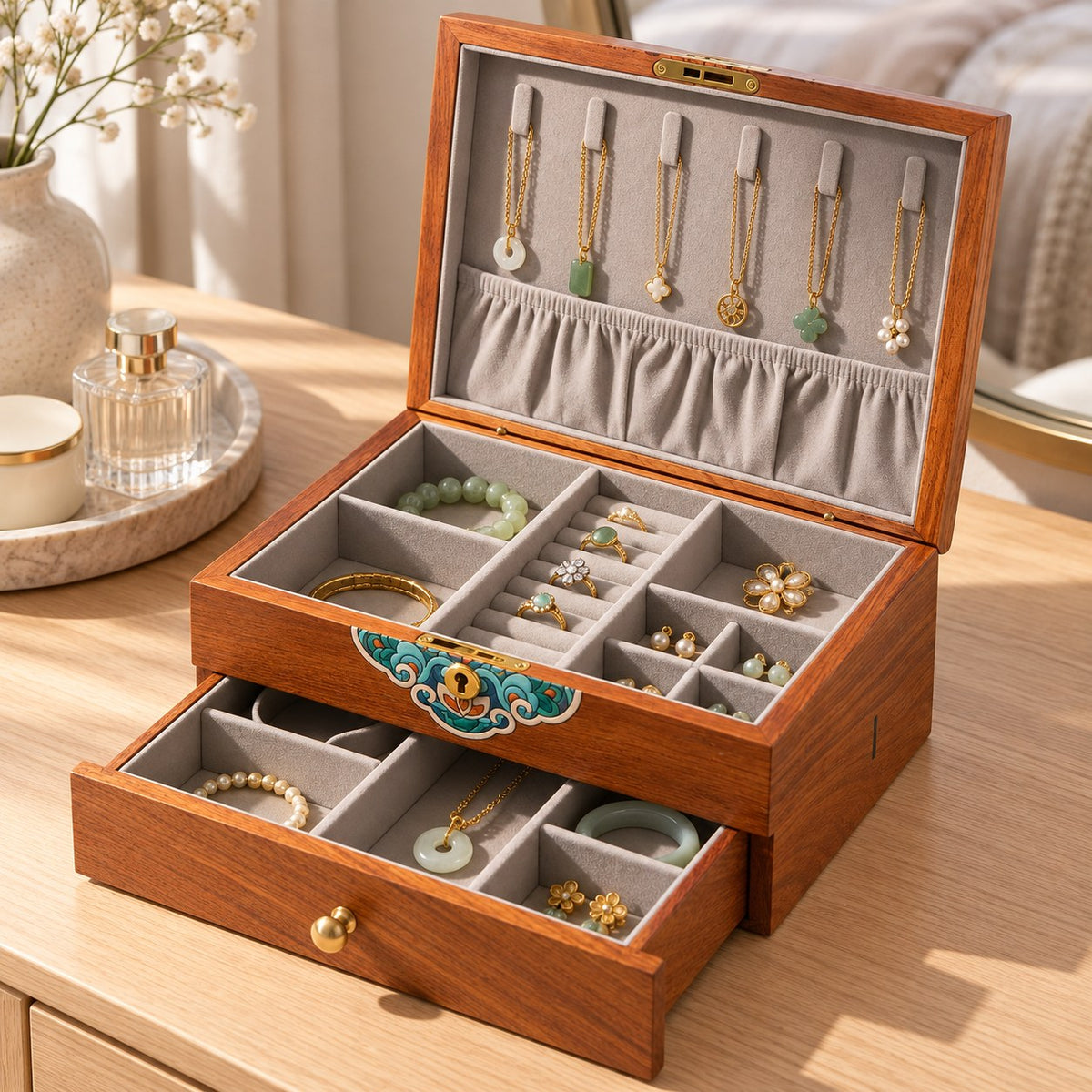 Caela Wooden Jewellery Box in Burma Rosewood, on a dressing table #Wood_Burma Rosewood