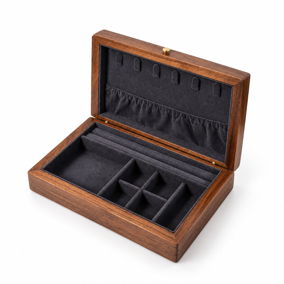 Carina Walnut Jewellery Box in Dark Grey / Without Lock, open with empty compartments, studio view on white #Lining Colour_Dark Grey|Style_Without Lock