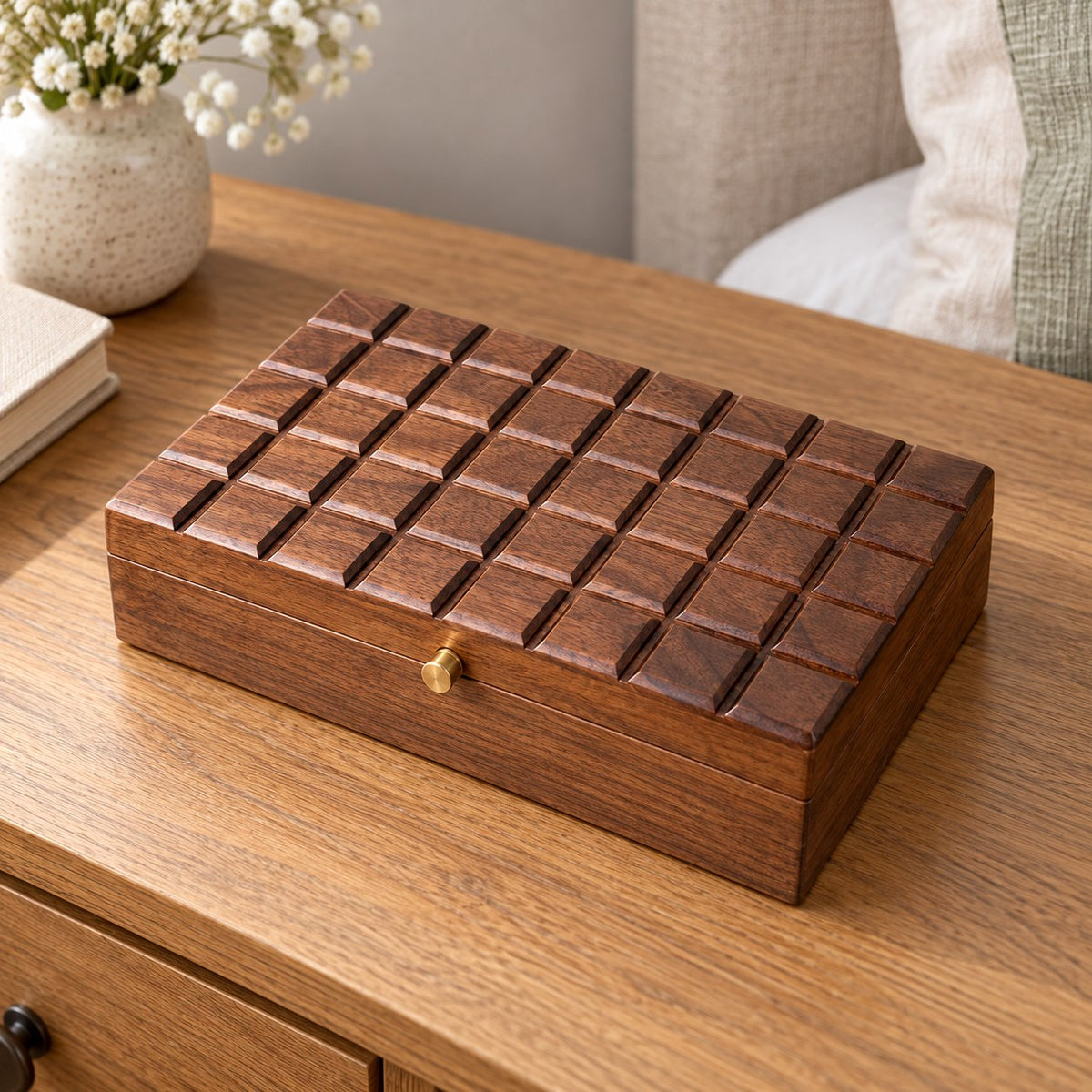 Carina Walnut Jewellery Box in Dark Grey / Without Lock, on a sideboard in natural light #Lining Colour_Dark Grey|Style_Without Lock