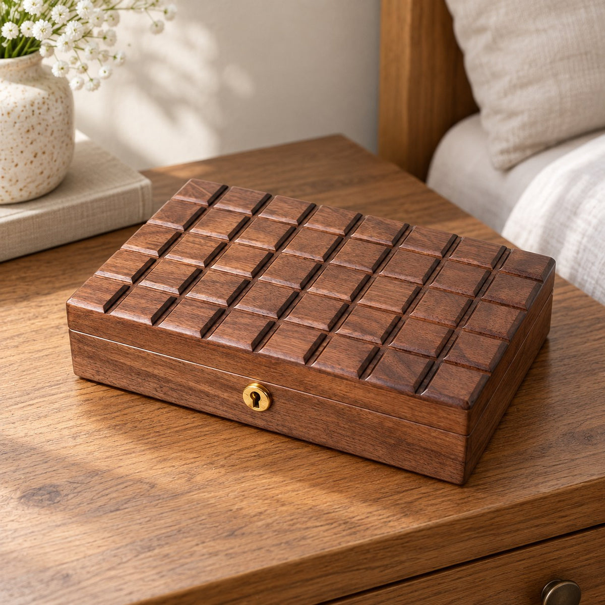 Carina Walnut Jewellery Box in Milky White / With Lock, on a sideboard in natural light #Lining Colour_Milky White|Style_With Lock