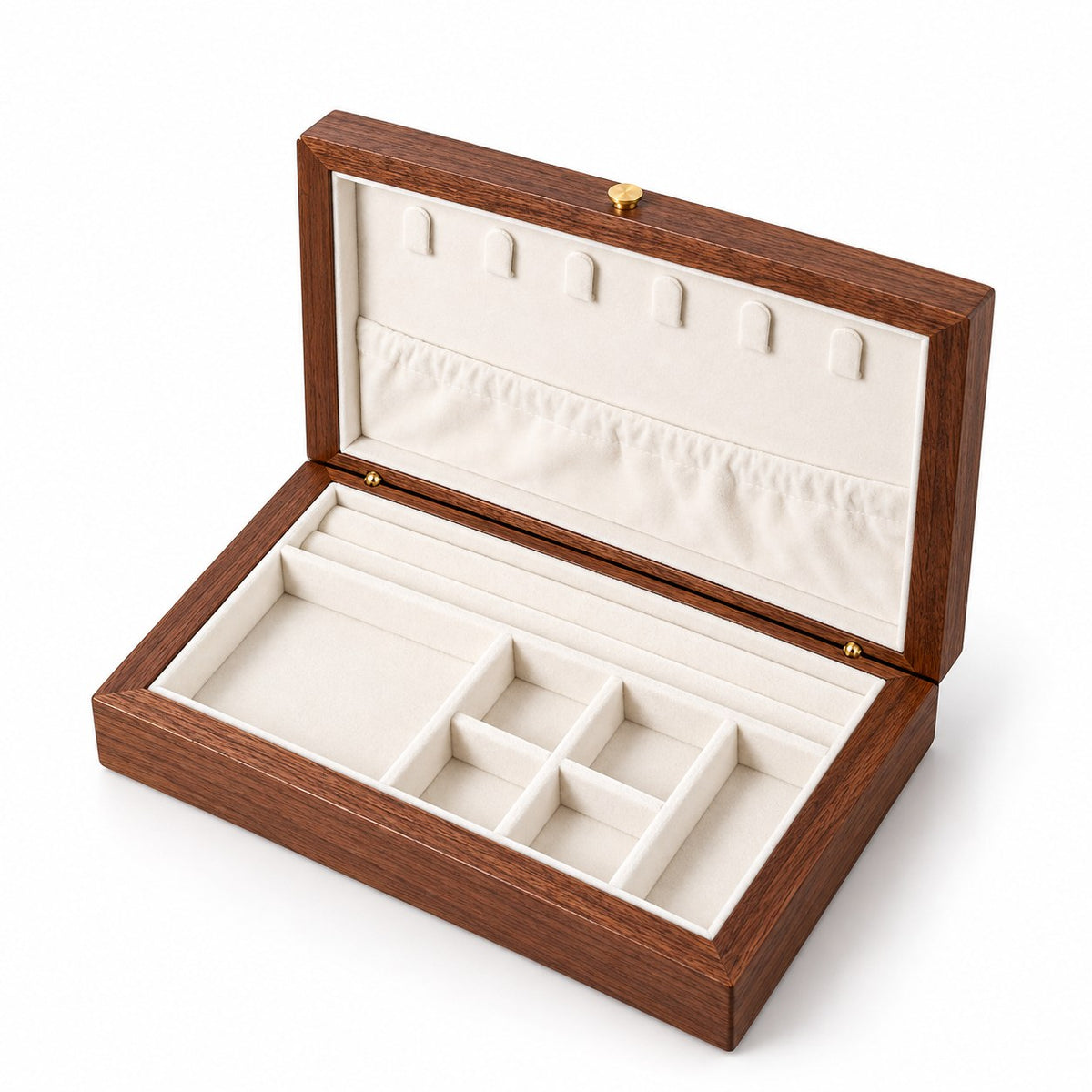 Carina Walnut Jewellery Box in Milky White / Without Lock, open with empty compartments, studio view on white #Lining Colour_Milky White|Style_Without Lock