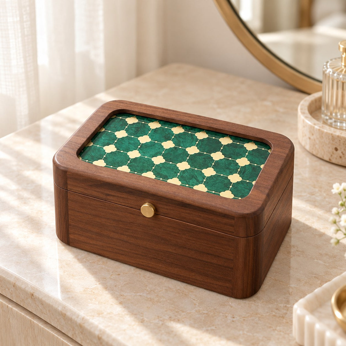 Cassia Glass Bangle Box in Green, on a dressing table #Lining Colour_Green