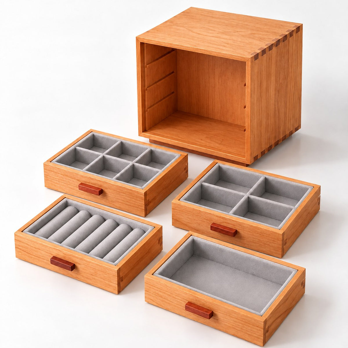 Cerasa 4-Drawer Jewellery Cabinet, open with empty compartments, studio view on white