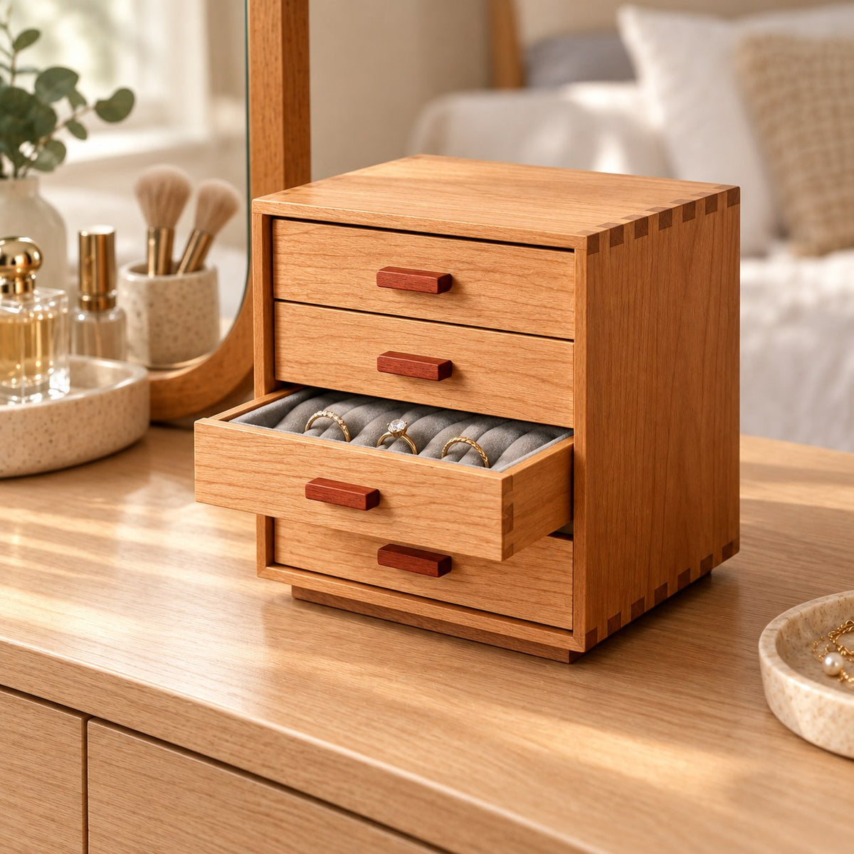 Cerasa 4-Drawer Jewellery Cabinet, on a dresser with a drawer pulled out