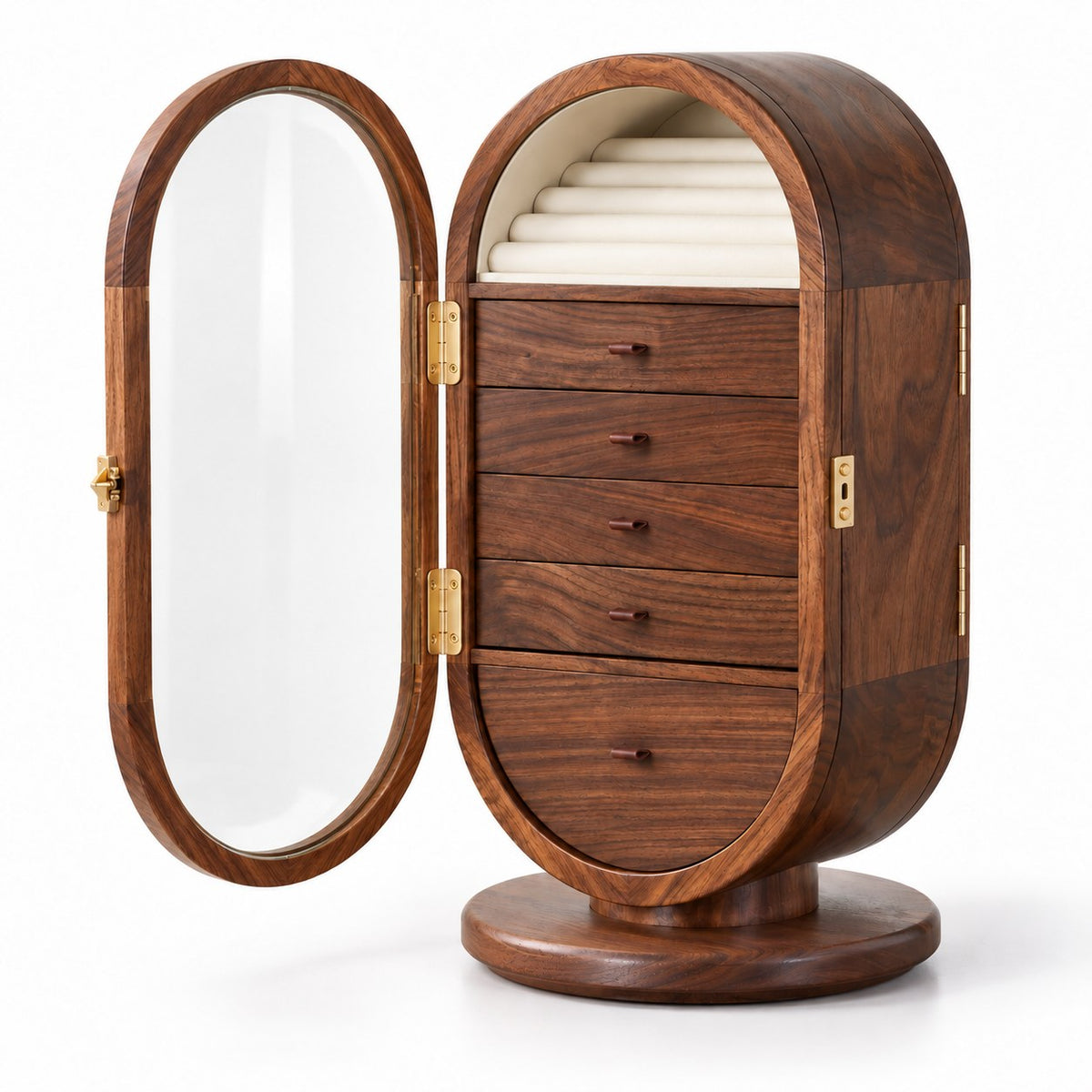 Circina Rotating Jewellery Cabinet in Max, open with empty compartments, studio view on white #Size_Max
