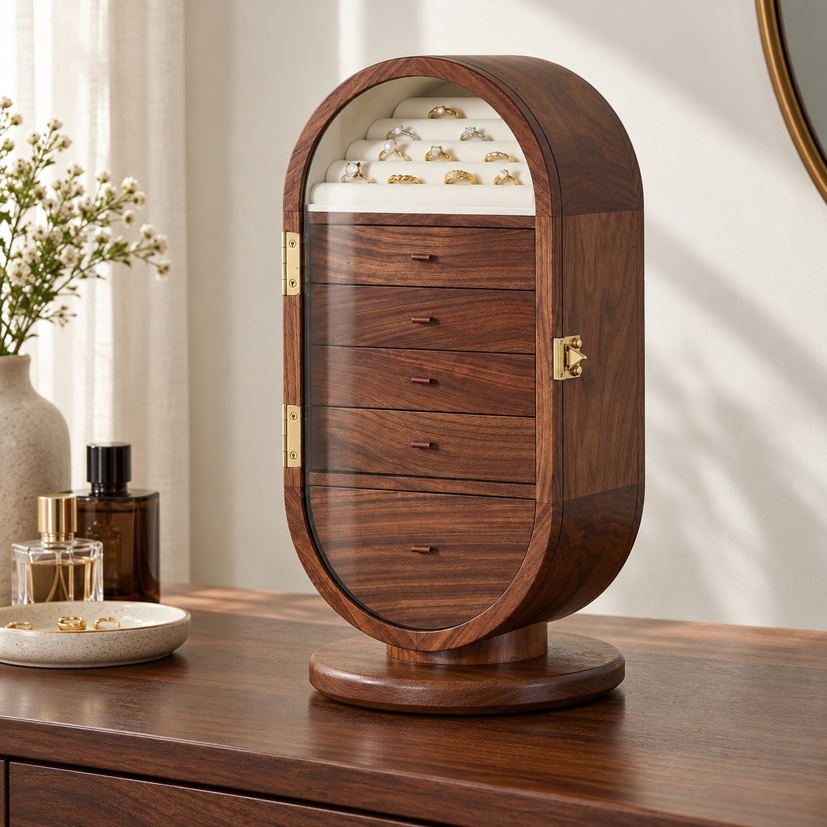 Circina Rotating Jewellery Cabinet in Max, on a sideboard in natural light #Size_Max