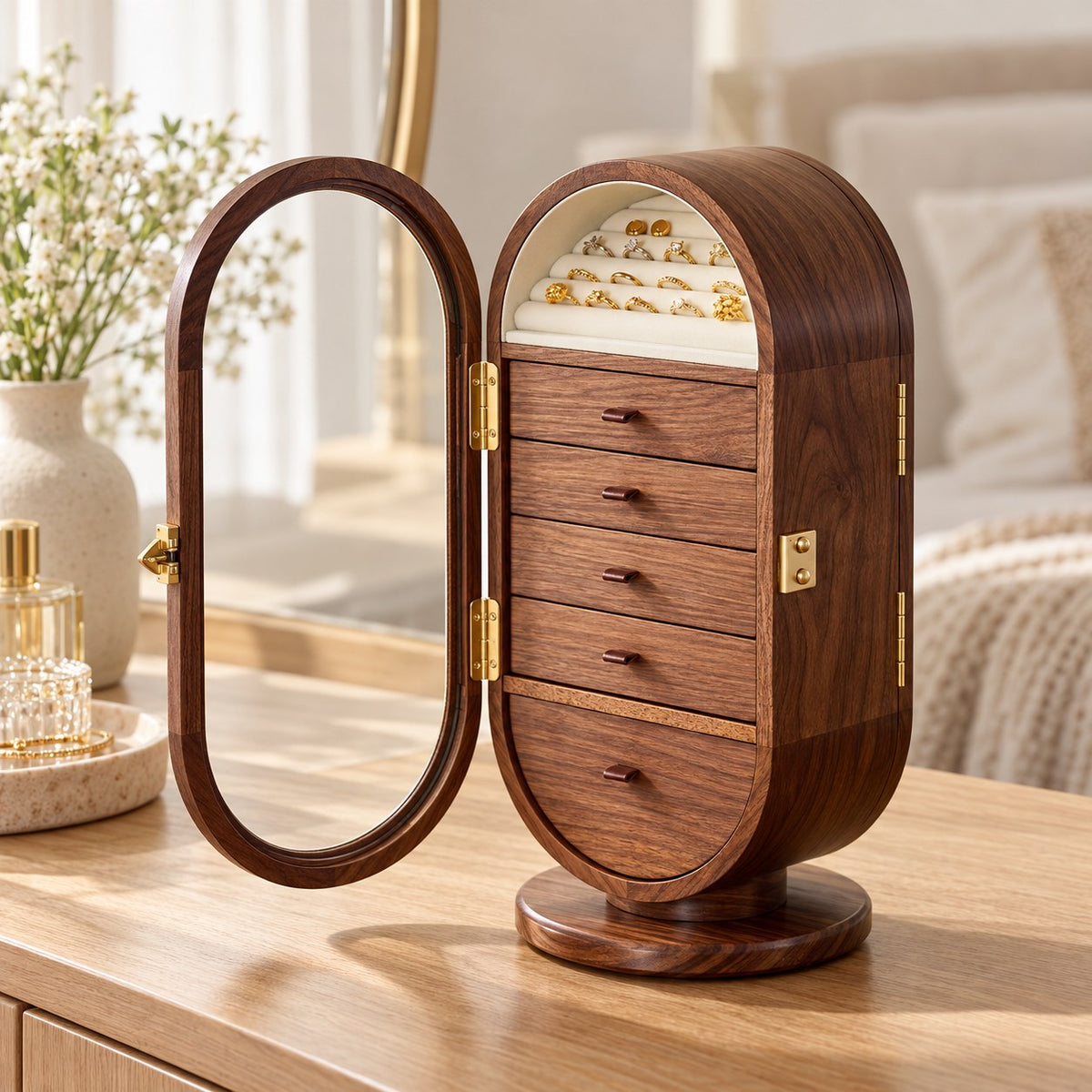 Circina Rotating Jewellery Cabinet in Mini, on a dressing table #Size_Mini