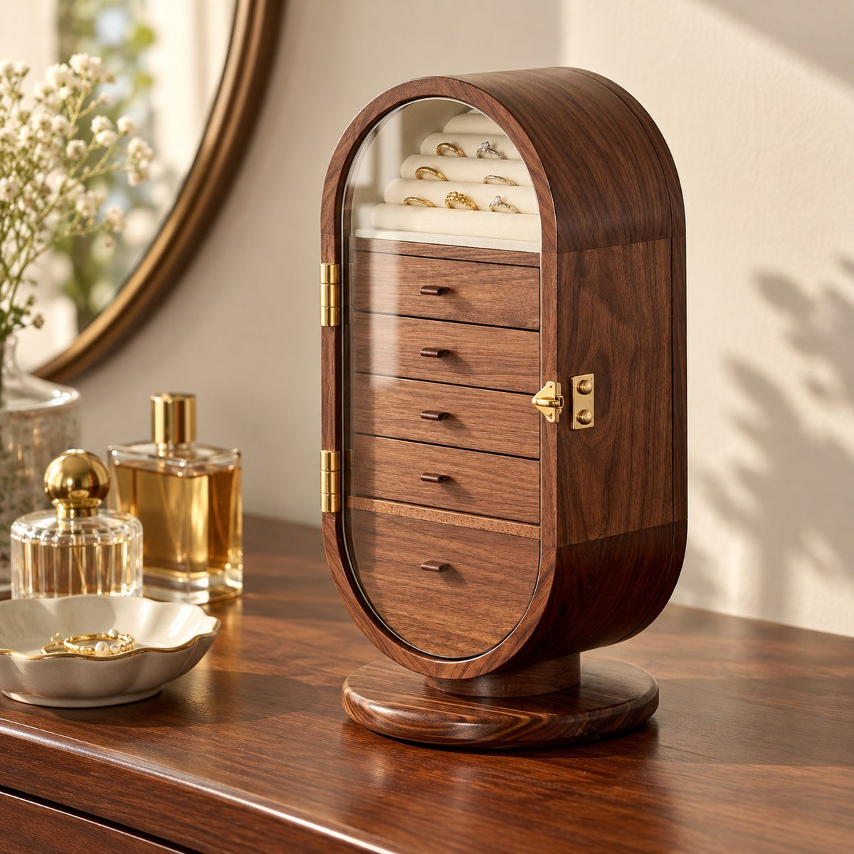 Circina Rotating Jewellery Cabinet in Mini, on a sideboard in natural light #Size_Mini